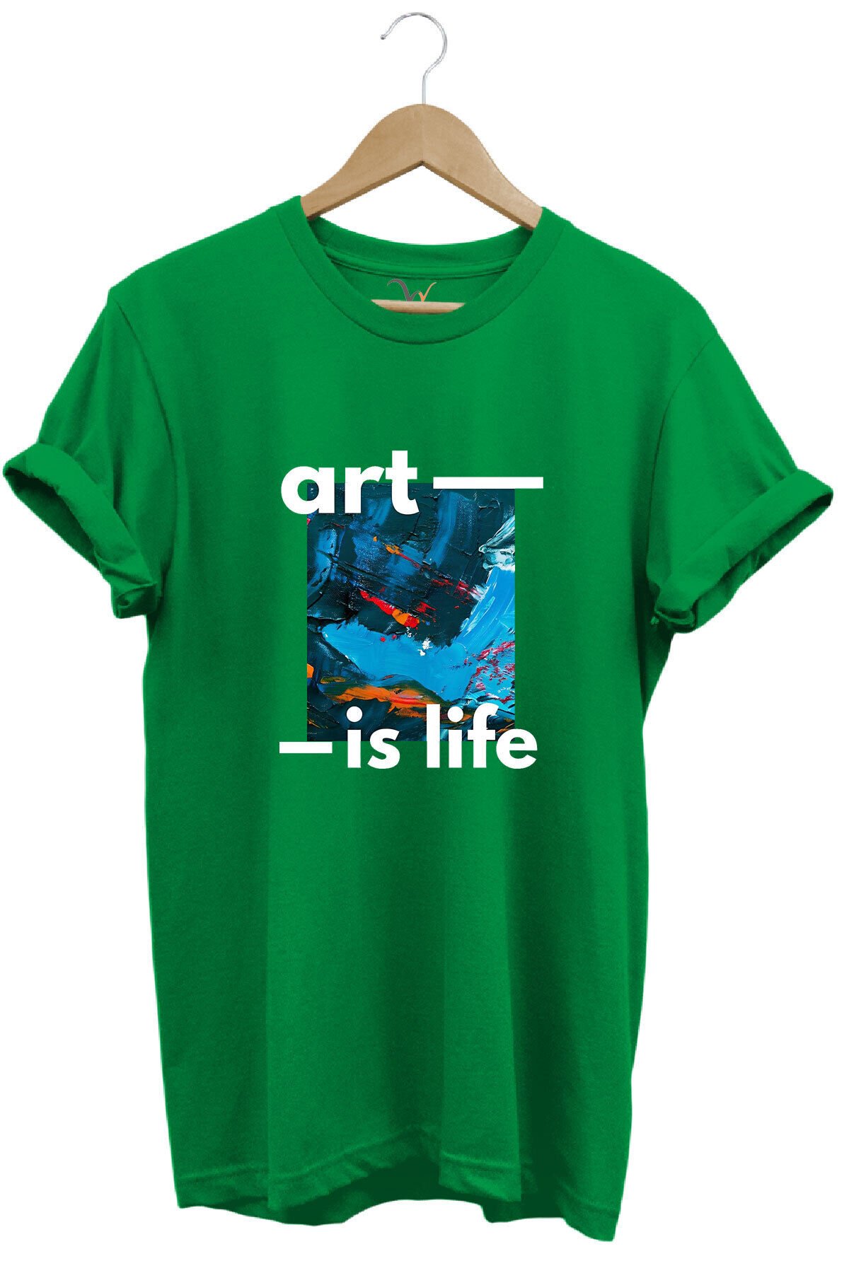 Sanatsal Renkli Tasarım Baskılı Art is Life Yazılı %100 Pamuk Regular Fit Unisex T-Shirt Yeşil - M