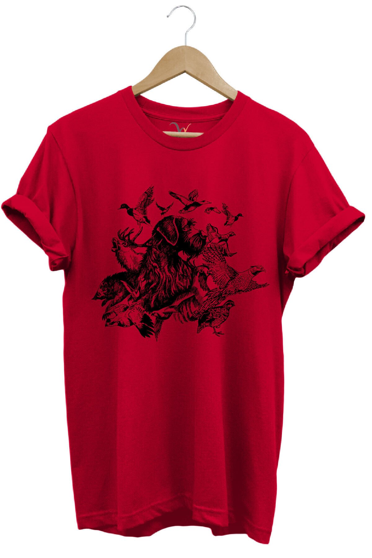 Avcılık Hunter Drahthaar Av Köpeği ve Keklik Ördek Çulluk Baskılı Regular Fit %100 Pamuk T-Shirt Kırmızı - M