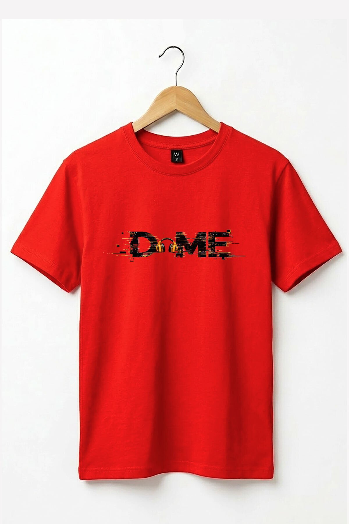 Unisex Müzik Temalı DOME Yazılı Kulaklık Figürlü Glitch Tasarım Sokak Stili %100 Pamuk Basic T-Shirt Kırmızı - S