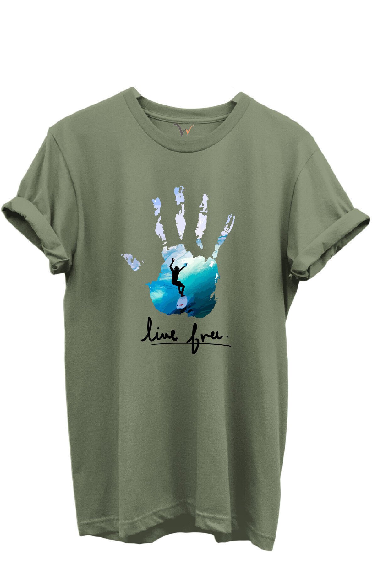 Live Free Yazılı Sörfçü ve El Baskılı %100 Pamuk Regular Fit Unisex T-Shirt Haki - S