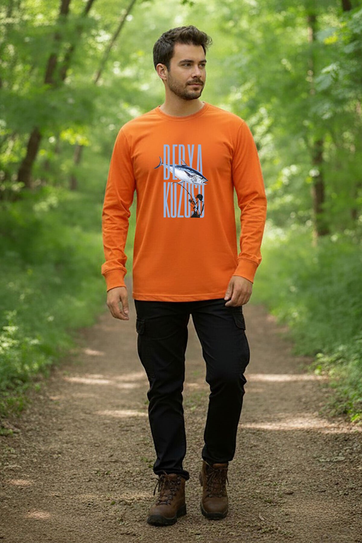 Fishing Balık Avcılığı Palamut Balığı Derya Kuzusu Tasarım Turuncu Bisiklet Yaka Uzun Kollu T-Shirt