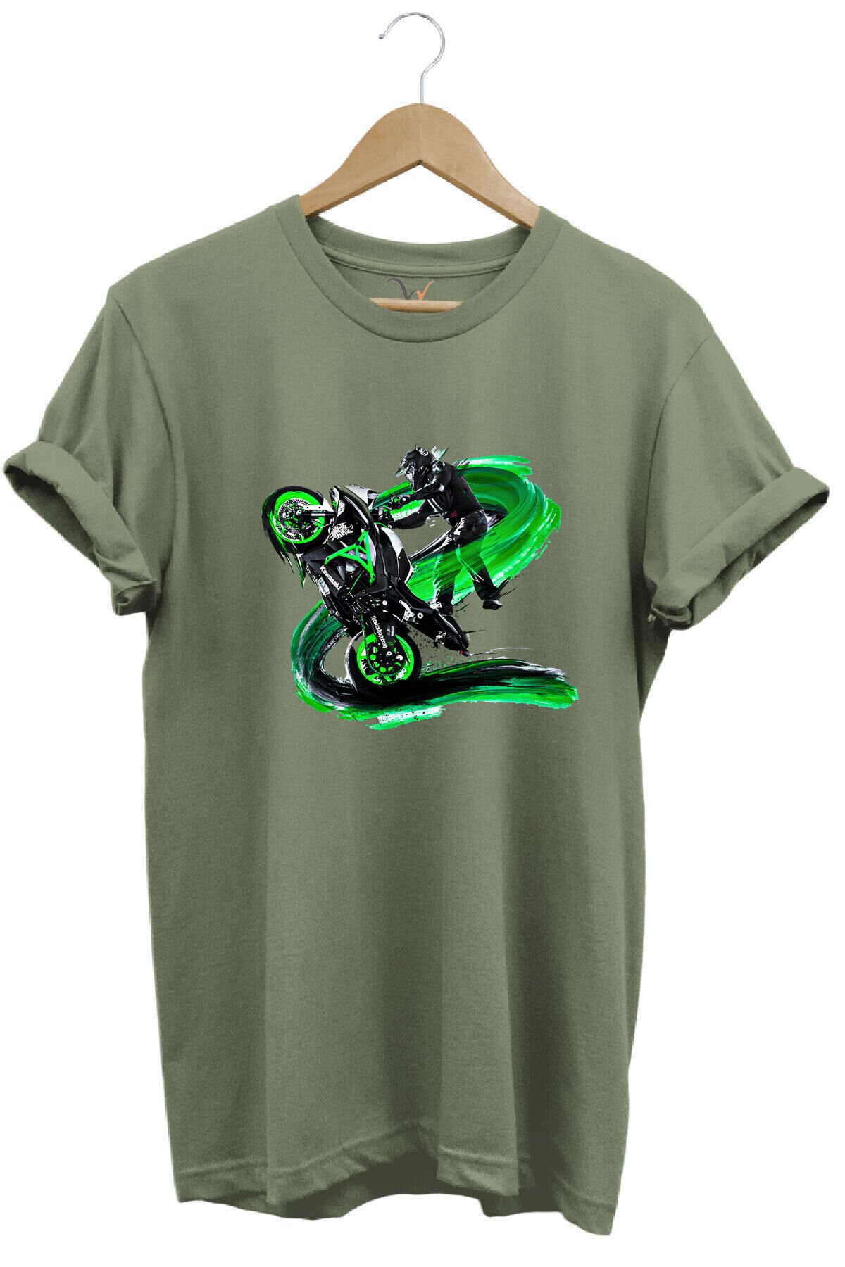 Racing Motosiklet Baskılı Ön Kaldıran Motorcu %100 Pamuk Regular Fit Bisiklet Yaka Turuncu T-shirt Haki - M