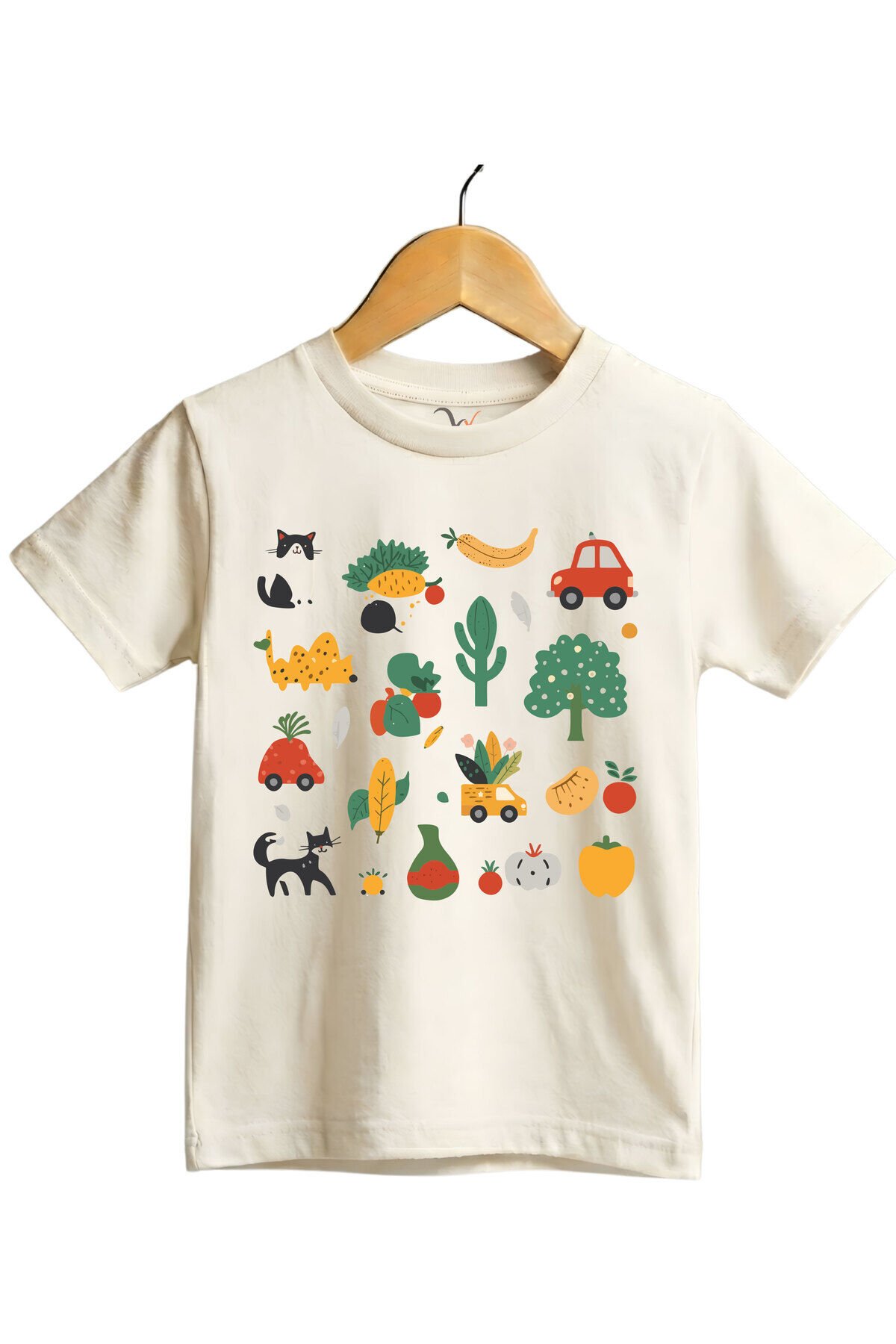 Fun Mix Sebze, Meyve ve Hayvan Baskılı Regular Fit %100 Pamuk Kısa Kollu Çocuk T-shirt Ekru - 3-4 Yaş