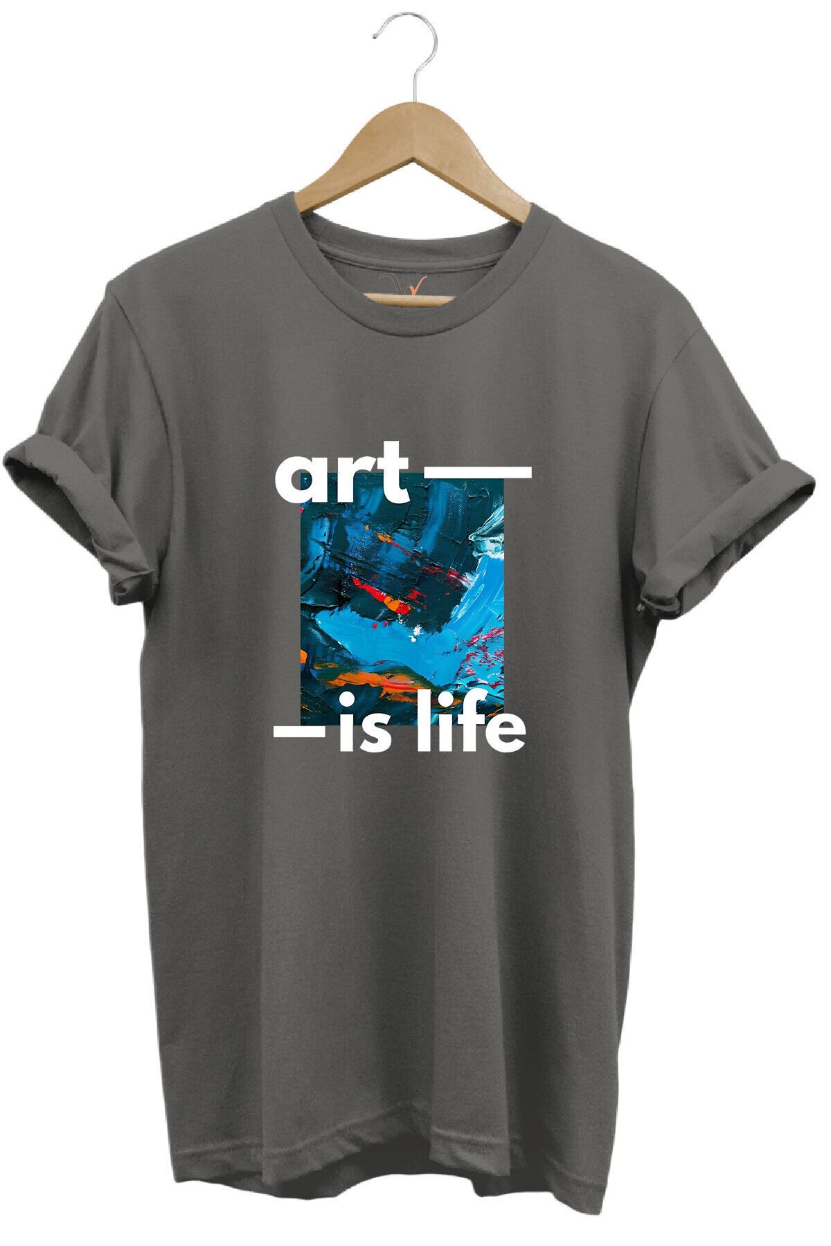 Sanatsal Renkli Tasarım Baskılı Art is Life Yazılı %100 Pamuk Regular Fit Unisex T-Shirt Gri - 3XL