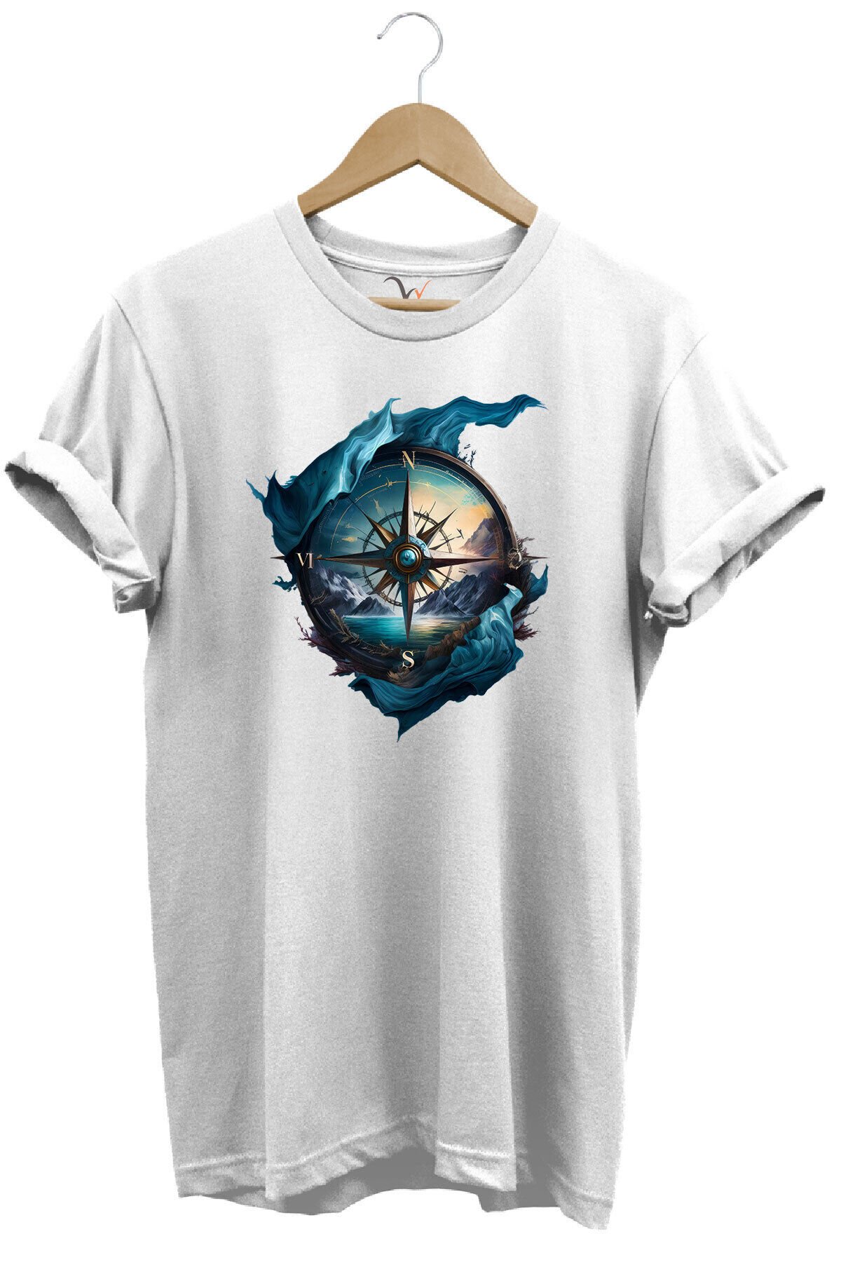 Renkli Manzara Ve Pusula Baskılı %100 Pamuk Regular Fit Lacivert T-shirt Beyaz - S
