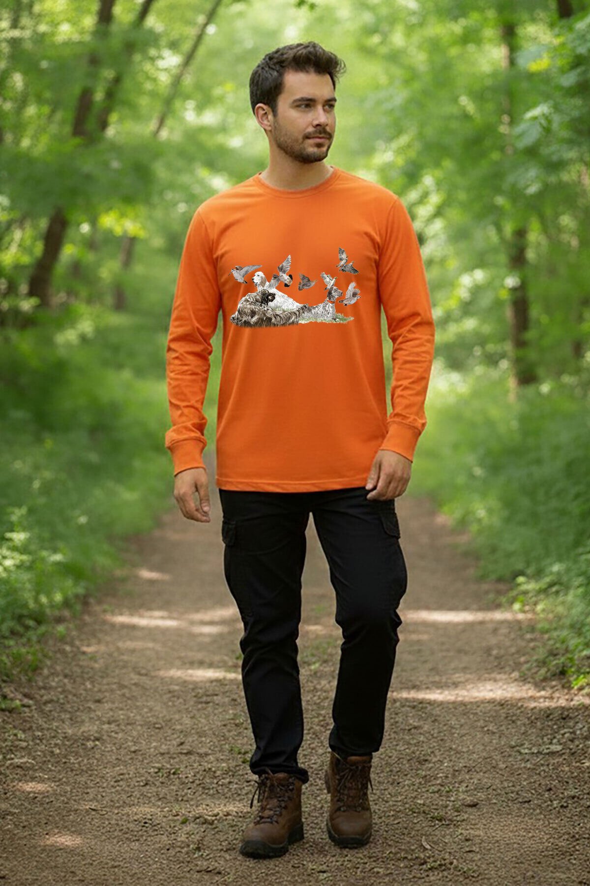 Avcılık Av Köpekleri Setter Çulluk Keklik Baskılı Turuncu Bisiklet Yaka Uzun Kollu T-Shirt Turuncu - 2XL