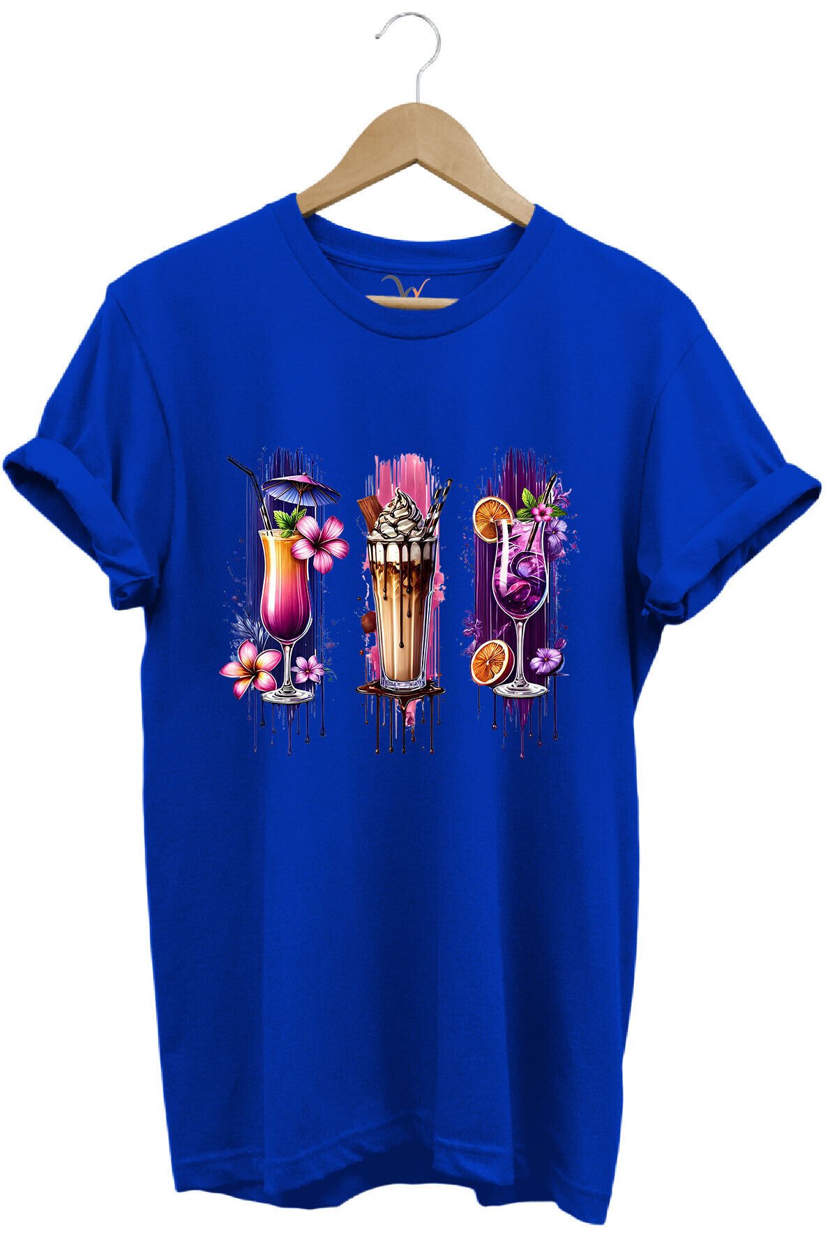 Milkshake ve Kokteyl Temalı Renkli Yaz Baskılı %100 Pamuk Unisex Regular Fit T-Shirt Mavi - 2XL