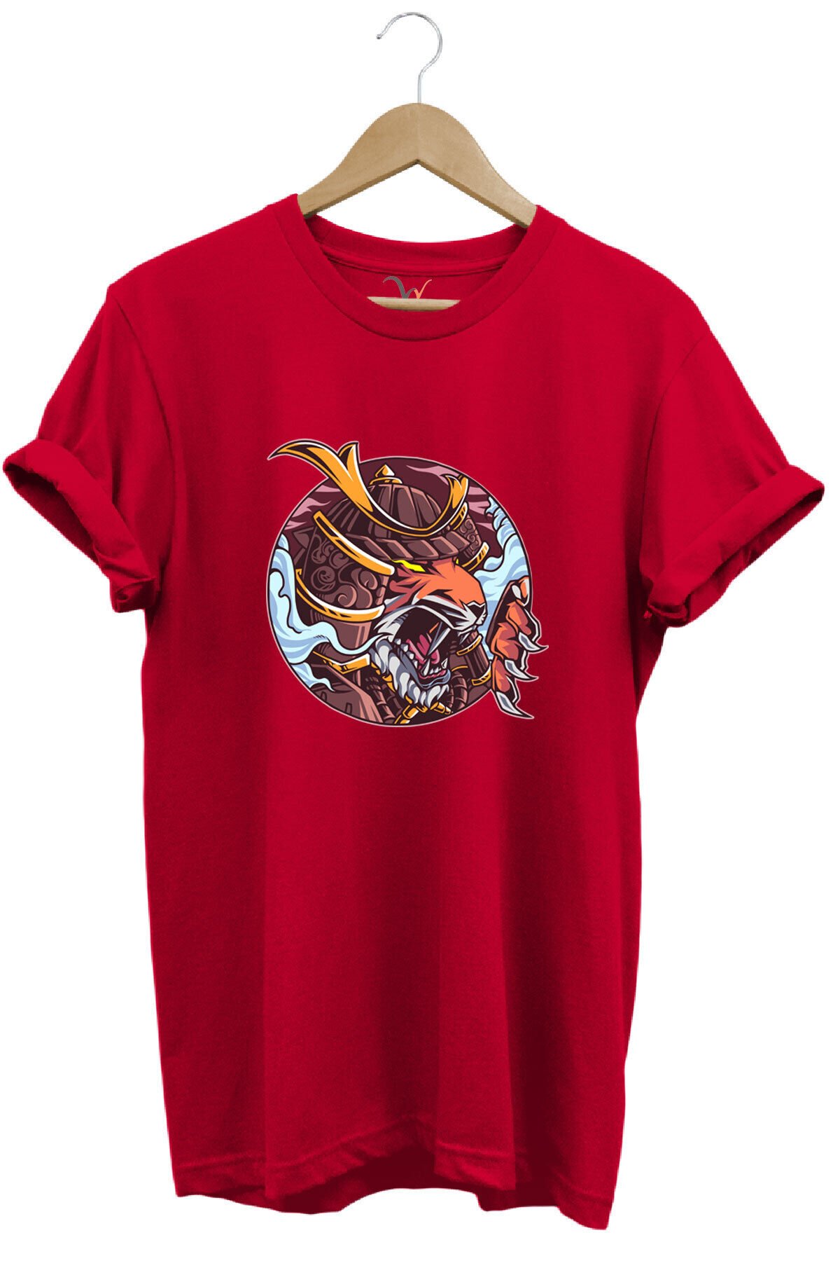 Streetwear Savaşçı Japon Kaplan Baskılı Şık Tasarımlı %100 Pamuk Bisiklet Yaka Haki T-shirt Kırmızı - 2XL