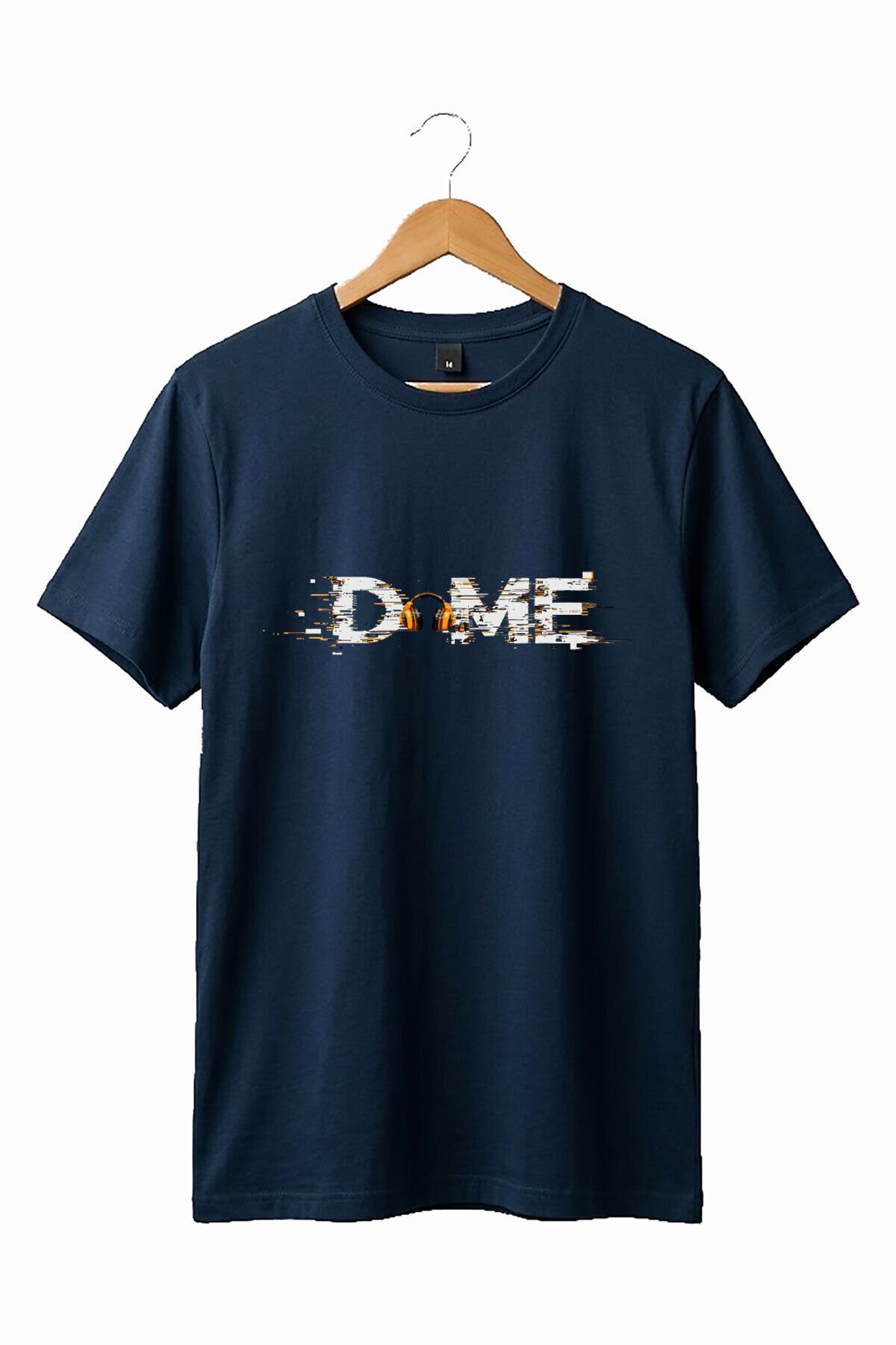 Unisex Müzik Temalı DOME Yazılı Kulaklık Figürlü Glitch Tasarım Sokak Stili %100 Pamuk Basic T-Shirt Lacivert - L
