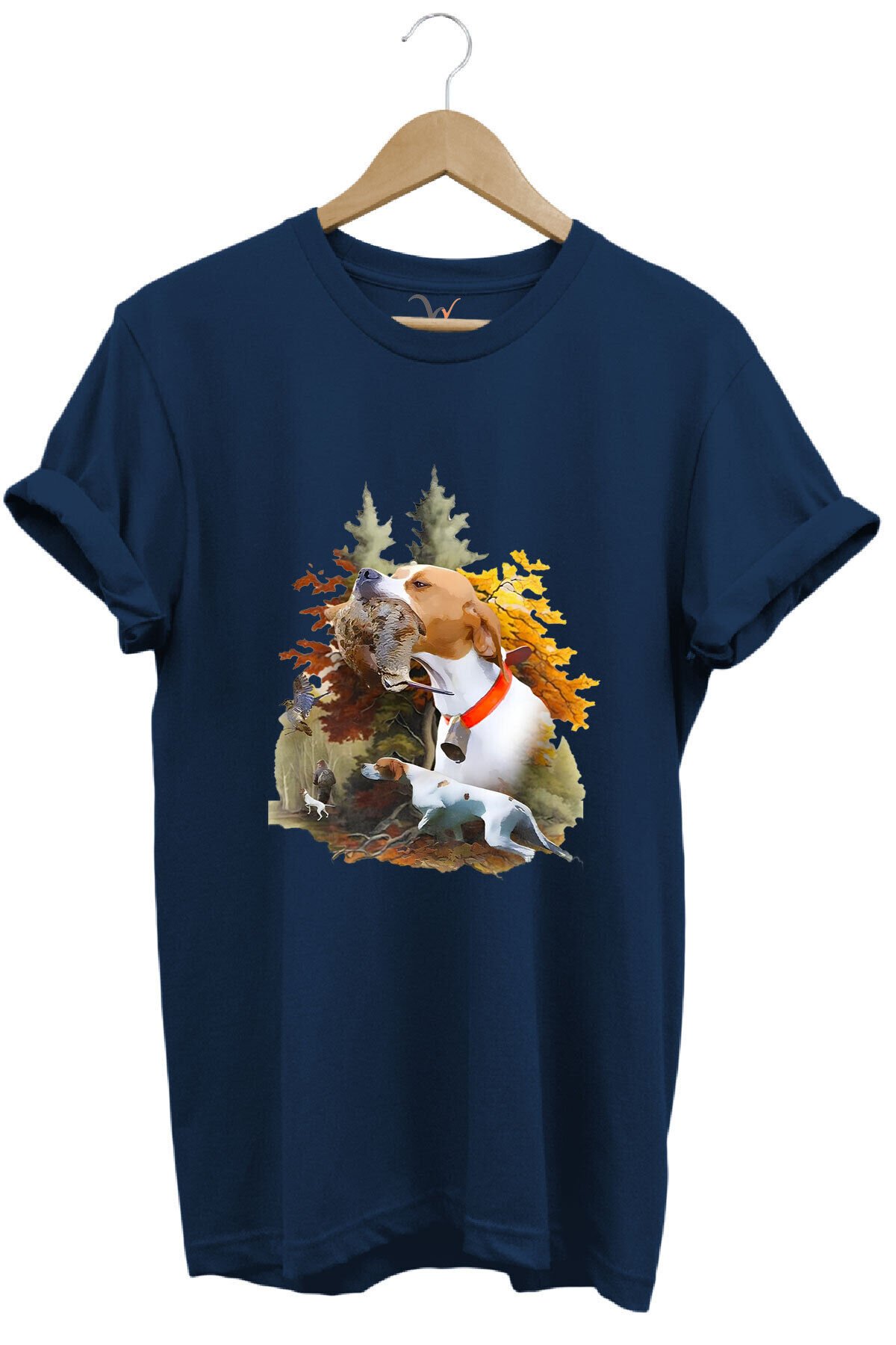 Hunting Avcılık Çulluk Ve English Pointer Av Köpeği Baskılı %100 Pamuk Regular Fit Siyah T-shirt Lacivert - M