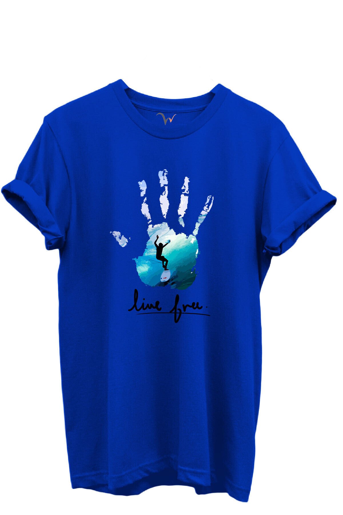 Live Free Yazılı Sörfçü ve El Baskılı %100 Pamuk Regular Fit Unisex T-Shirt Mavi - XL