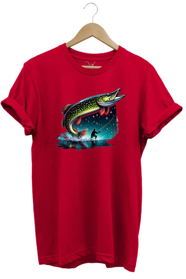 Fishing Avcılık Sazan Balığı Tasarım Baskılı %100 Pamuk Regular Fit T-shirt Kırmızı - 2XL