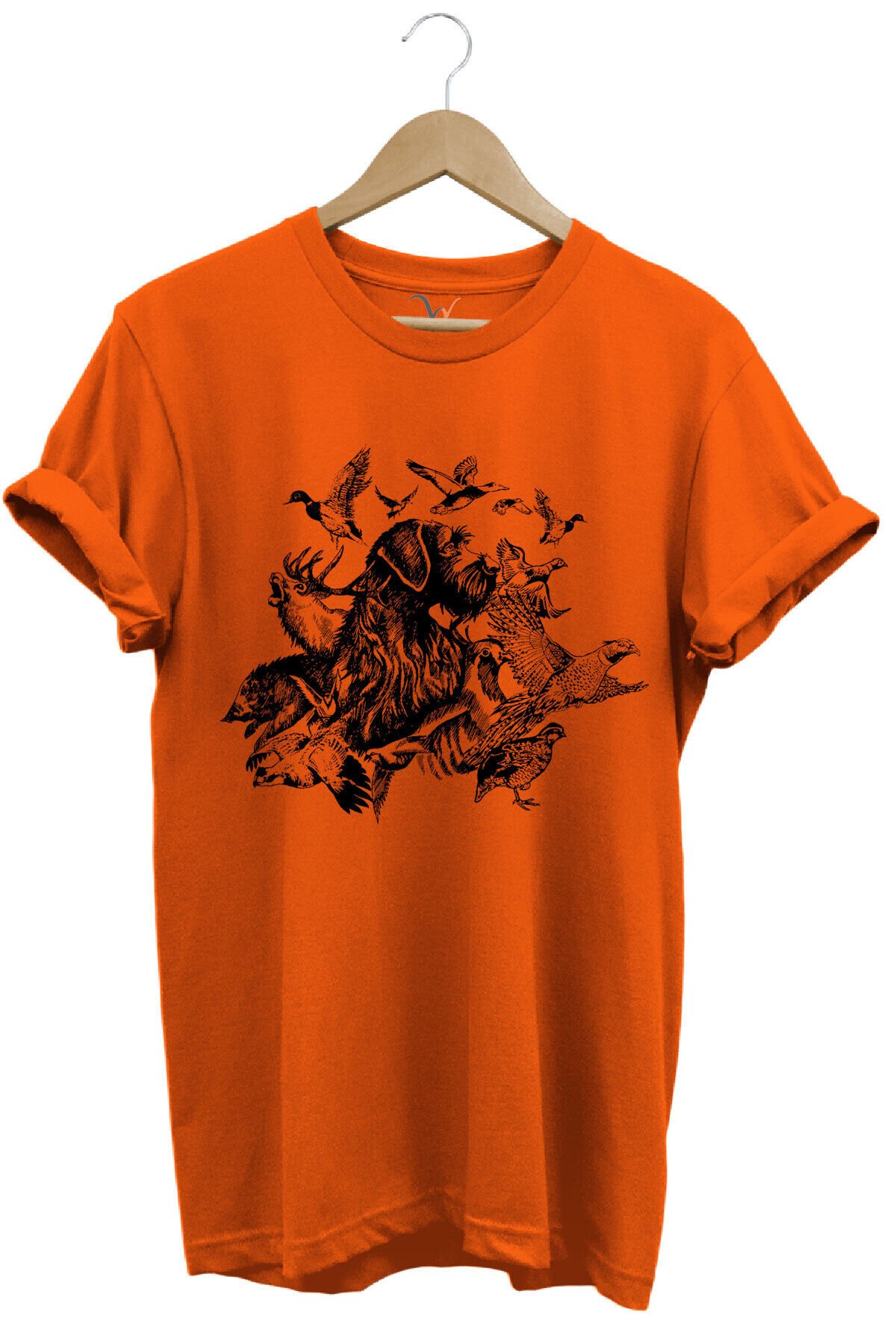 Avcılık Hunter Drahthaar Av Köpeği ve Keklik Ördek Çulluk Baskılı Regular Fit %100 Pamuk T-Shirt Turuncu - 3XL