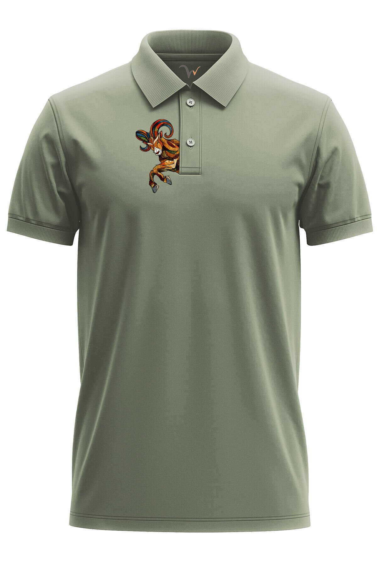 Outdoor Stil Dağ Keçisi Göğüs Baskılı Regular Fit %100 Pamuk Polo Yaka T-Shirt Haki - XL