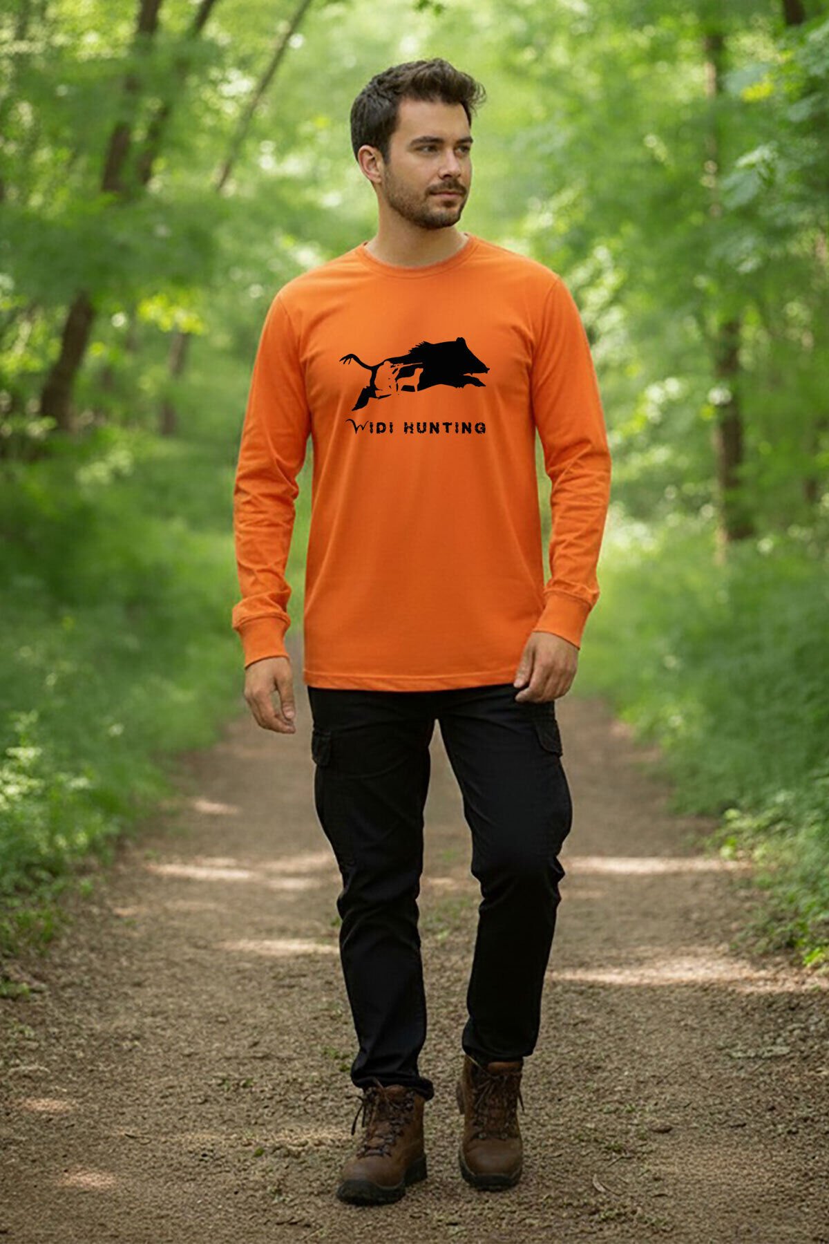 Hunting Avcılık Domuz Avcılığı Baskılı Vahşi Yaşam Turuncu Bisiklet Yaka Uzun Kollu T-Shirt Turuncu - 2XL