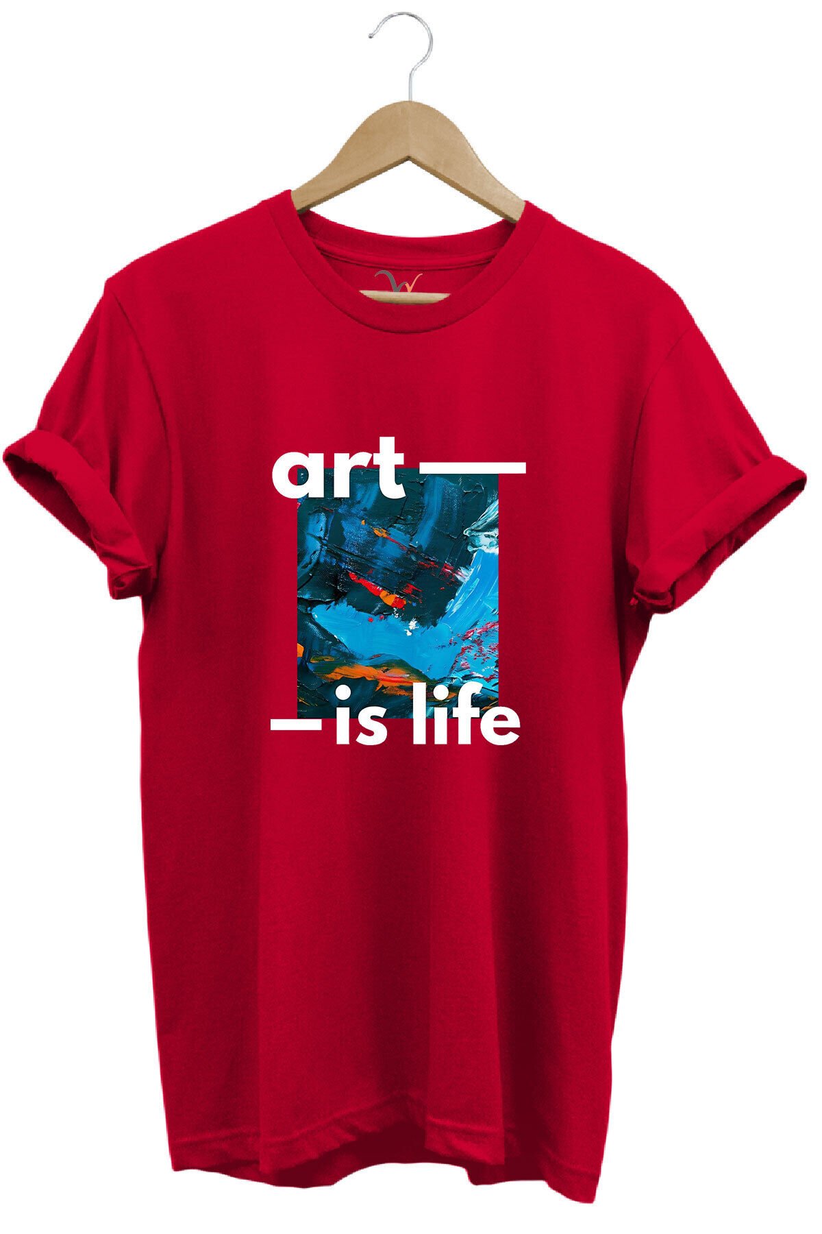 Sanatsal Renkli Tasarım Baskılı Art is Life Yazılı %100 Pamuk Regular Fit Unisex T-Shirt Kırmızı - S