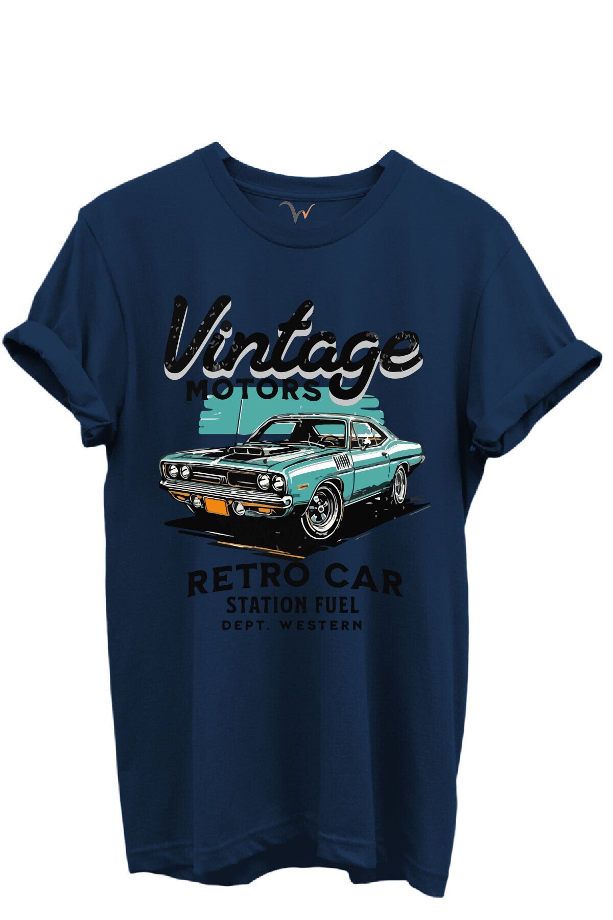 Vintage Motors Yazılı Retro Araba Baskılı %100 Pamuk Regular Fit Unisex T-Shirt Lacivert - 2XL