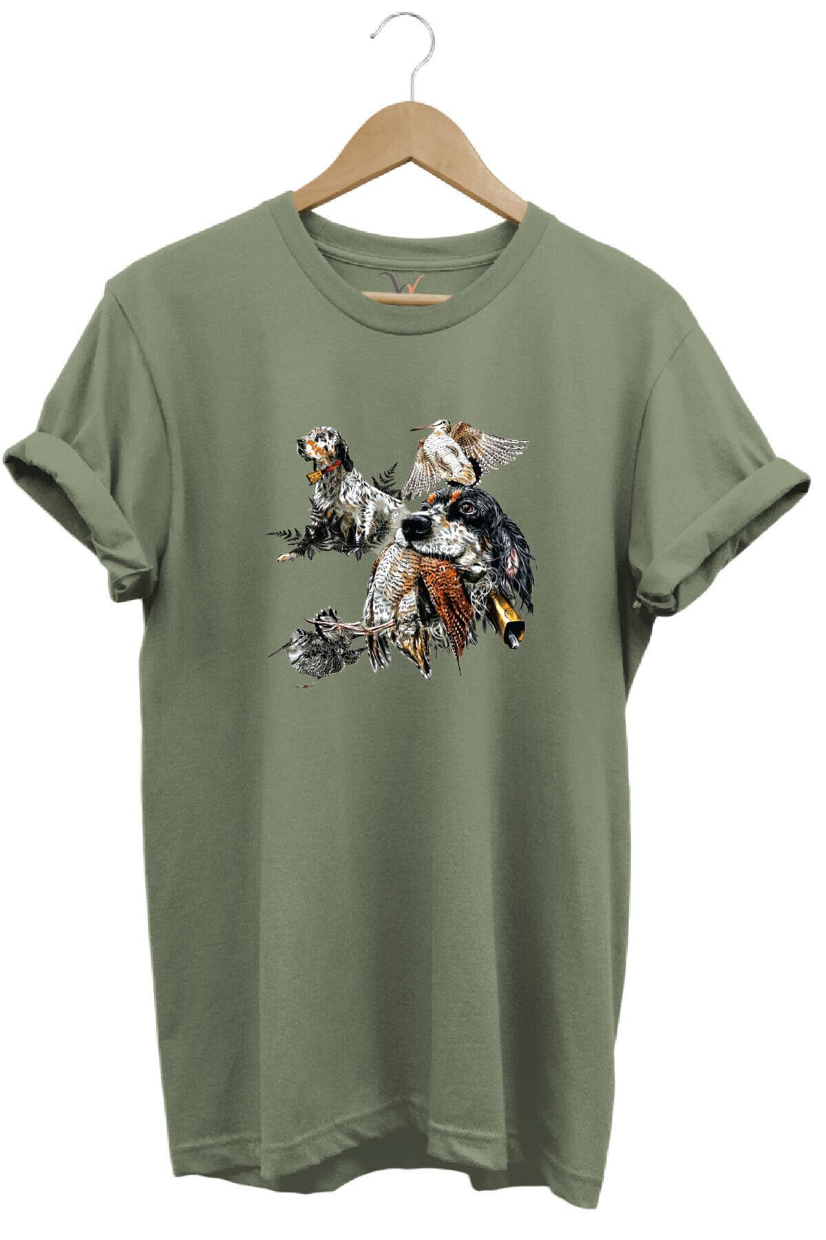 Hunting Outdoor English Setter Çulluk Baskılı %100 Pamuk Regular Fit Bisiklet Yaka T-shirt Haki - 3XL