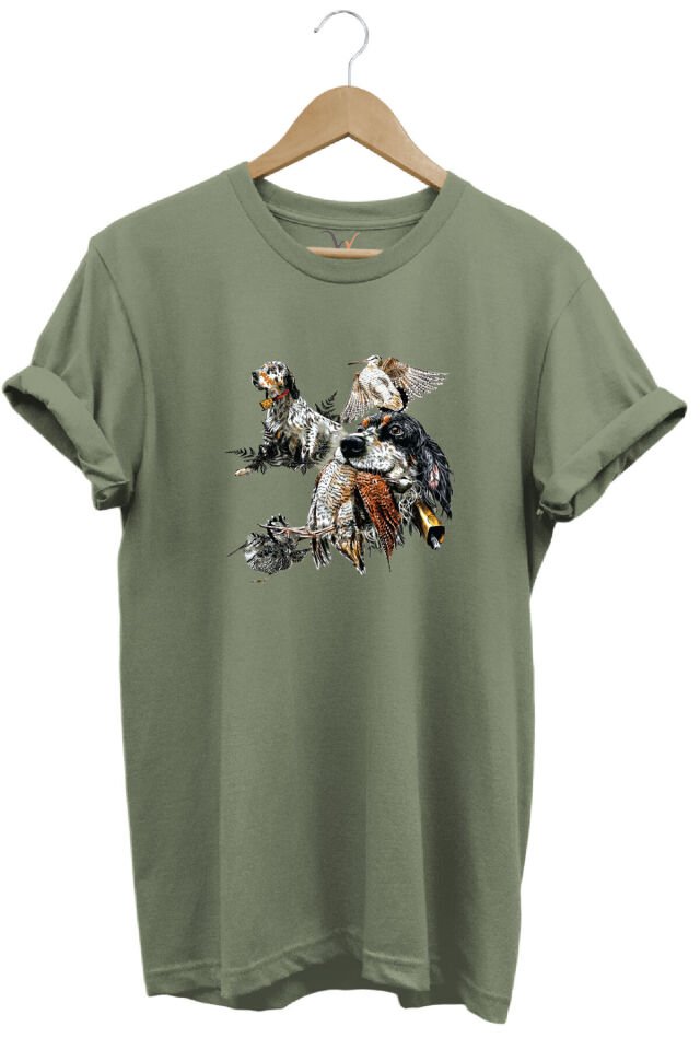 Hunting Outdoor English Setter Çulluk Baskılı %100 Pamuk Regular Fit Bisiklet Yaka T-shirt Haki - 3XL