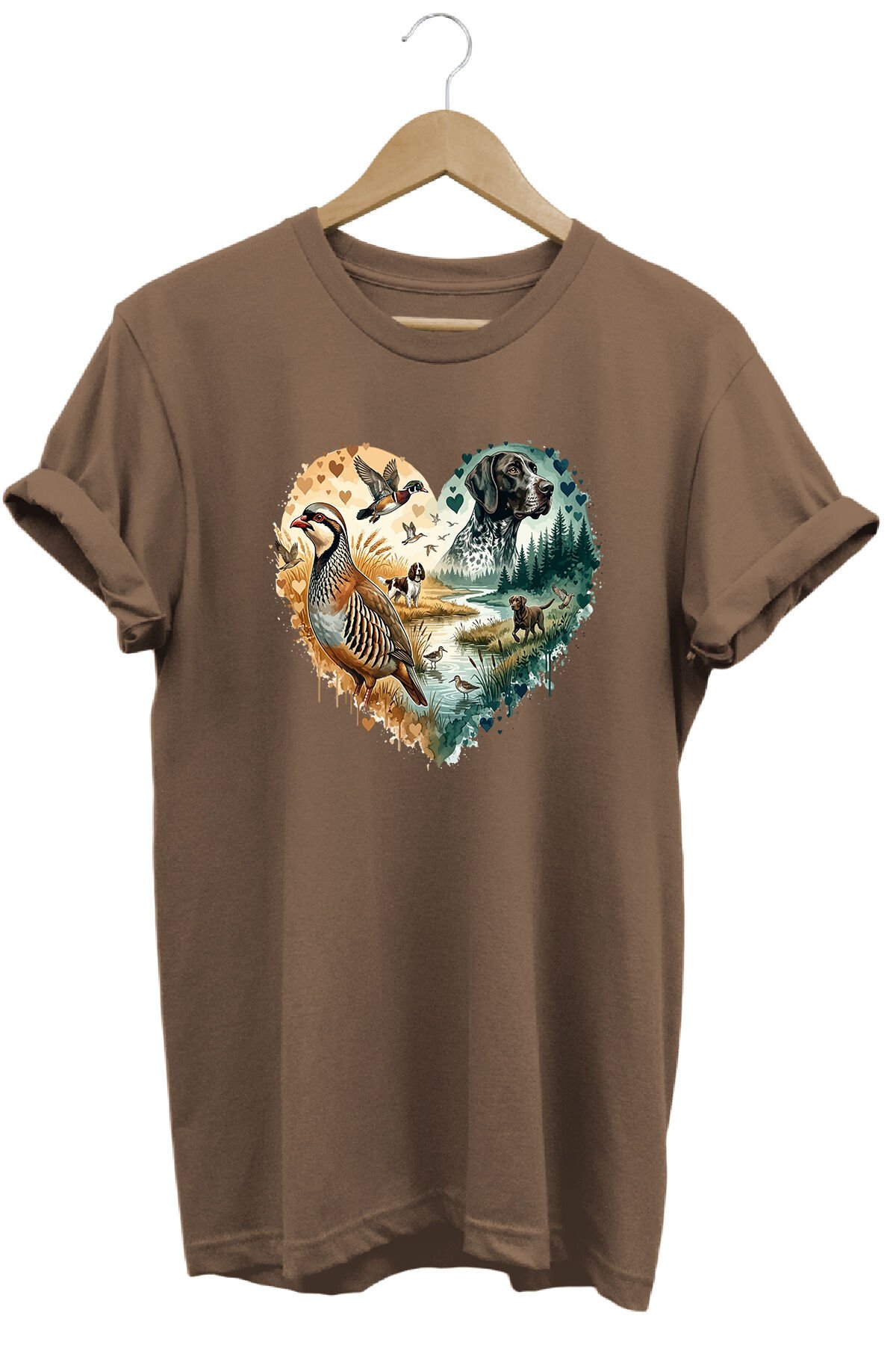 Unisex Çulluk ve Arazi Köpeği Baskılı Doğa Tişörtü Outdoor Kamp Giyimi Açık Kahverengi - 2XL