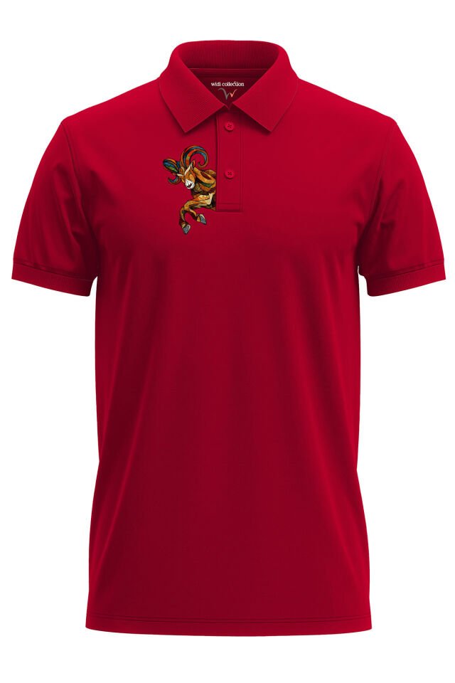 Outdoor Stil Dağ Keçisi Göğüs Baskılı Regular Fit %100 Pamuk Polo Yaka T-Shirt Kırmızı - 2XL
