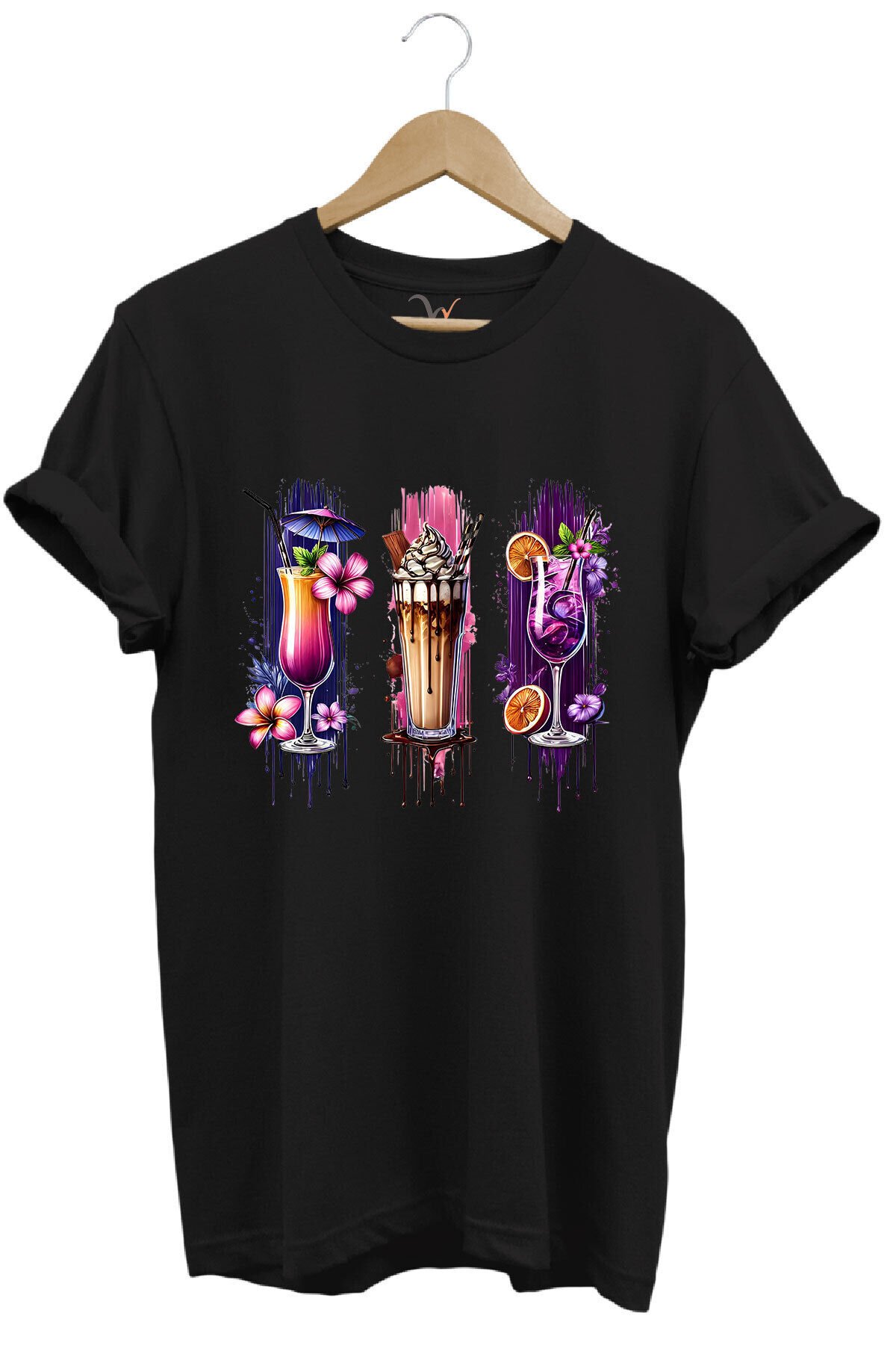 Milkshake ve Kokteyl Temalı Renkli Yaz Baskılı %100 Pamuk Unisex Regular Fit T-Shirt Siyah - L