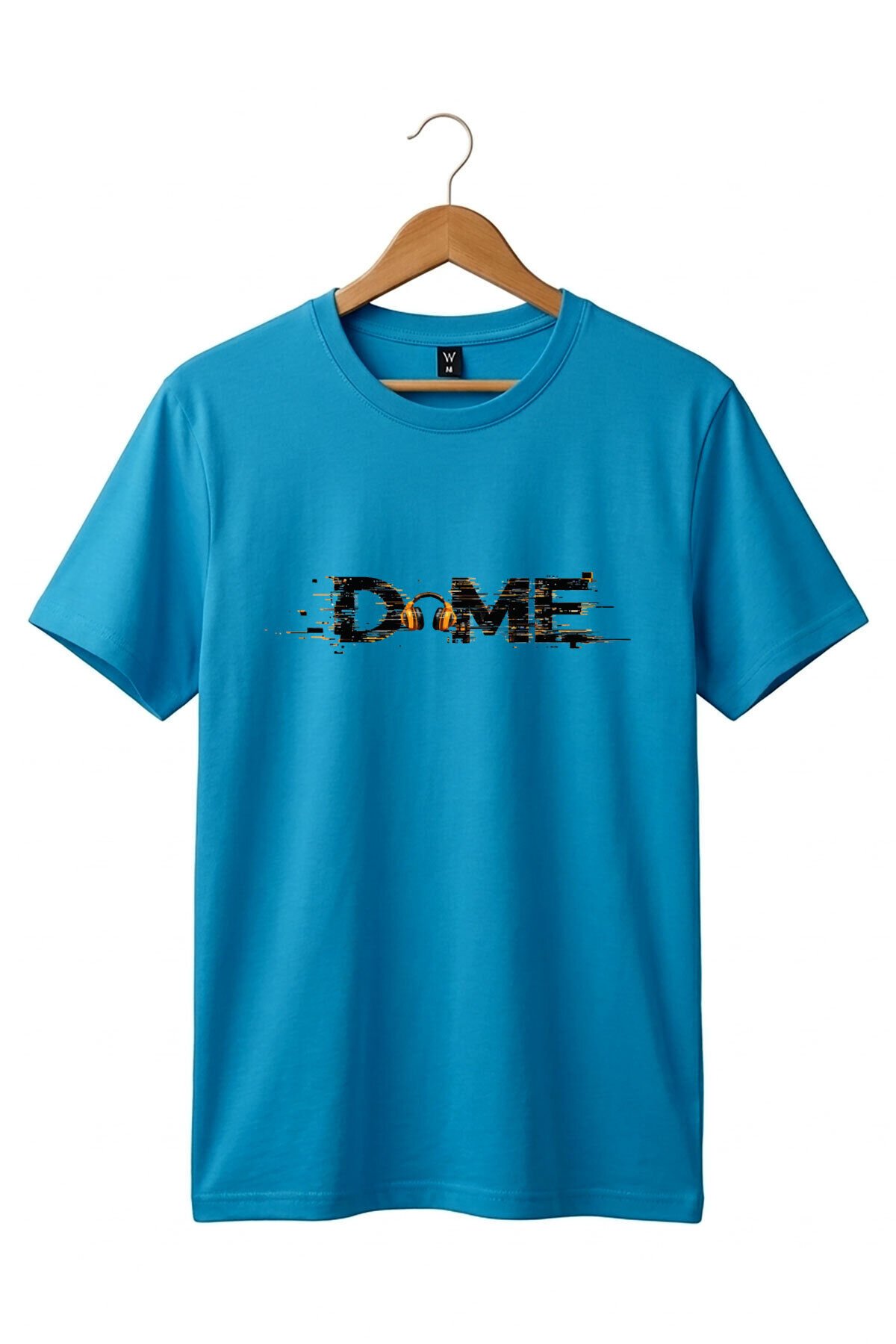 Unisex Müzik Temalı DOME Yazılı Kulaklık Figürlü Glitch Tasarım Sokak Stili %100 Pamuk Basic T-Shirt Turkuaz - XL