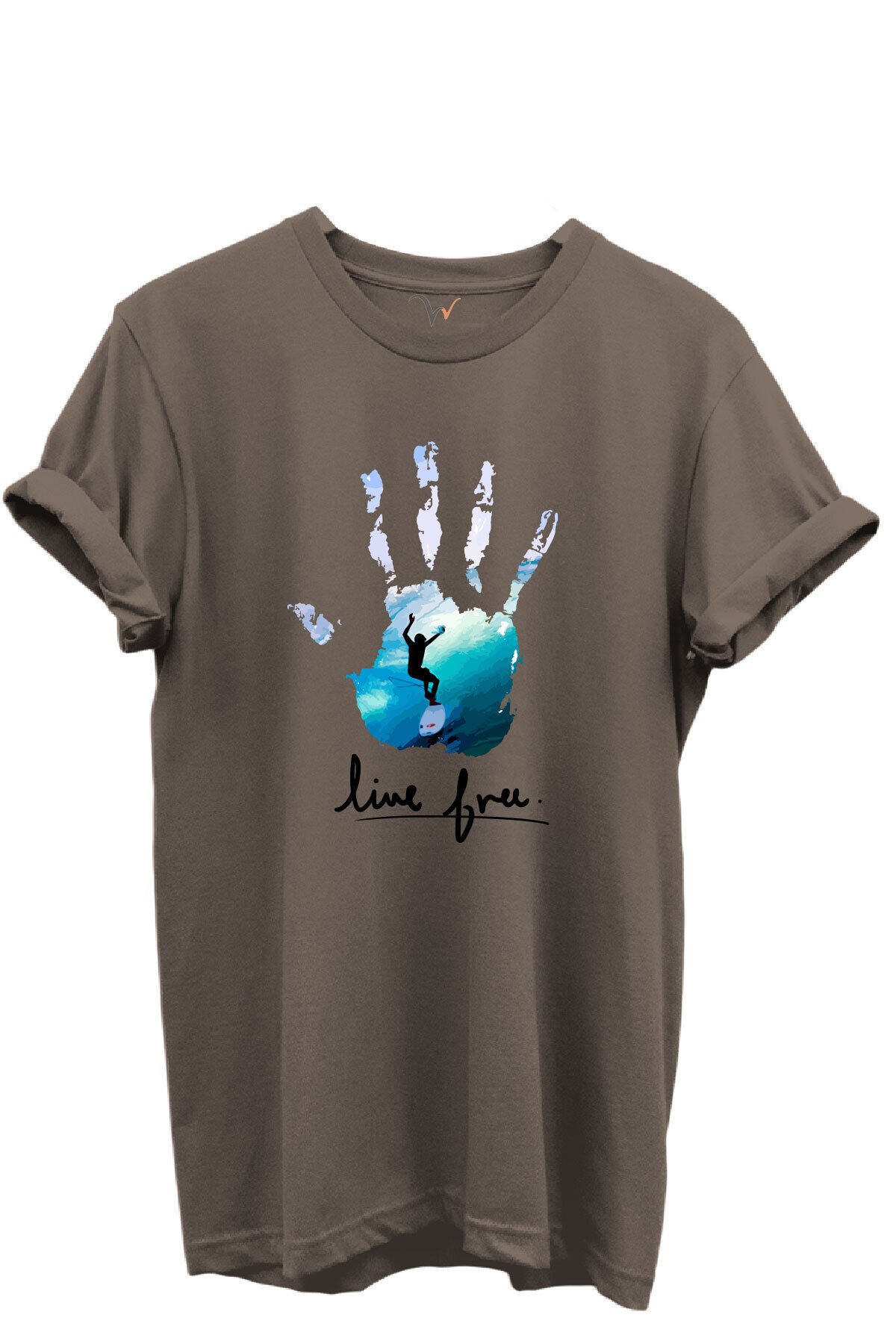 Live Free Yazılı Sörfçü ve El Baskılı %100 Pamuk Regular Fit Unisex T-Shirt Kahverengi - 3XL