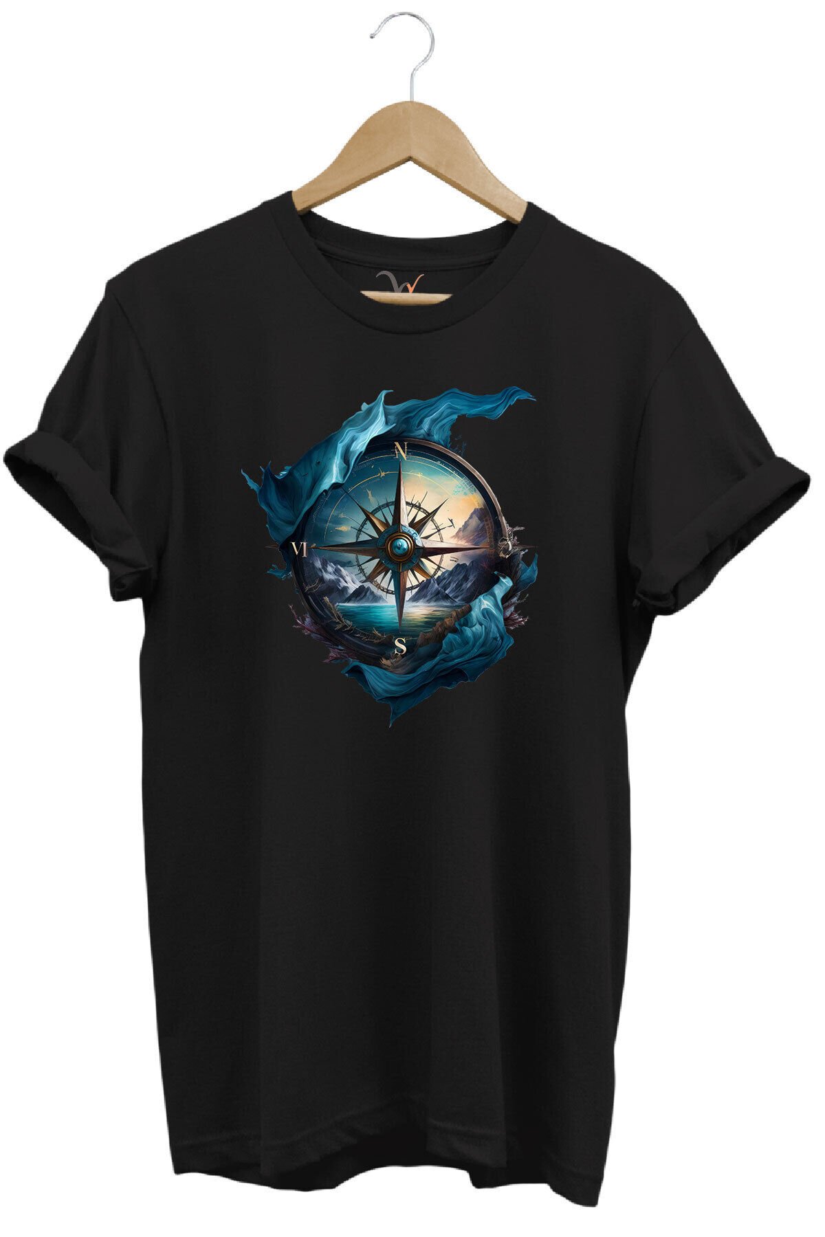 Renkli Manzara Ve Pusula Baskılı %100 Pamuk Regular Fit Lacivert T-shirt Siyah - 3XL