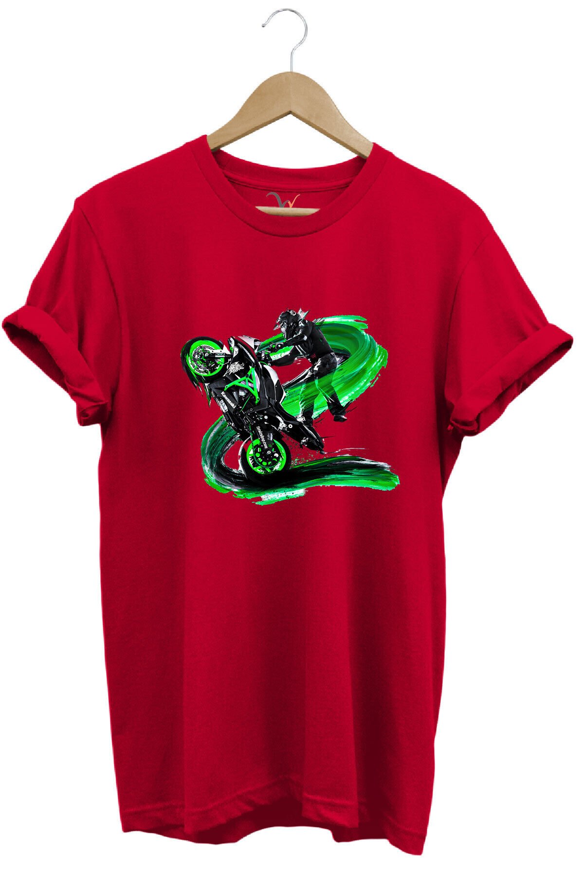 Racing Motosiklet Baskılı Ön Kaldıran Motorcu %100 Pamuk Regular Fit Bisiklet Yaka Turuncu T-shirt Kırmızı - 3XL