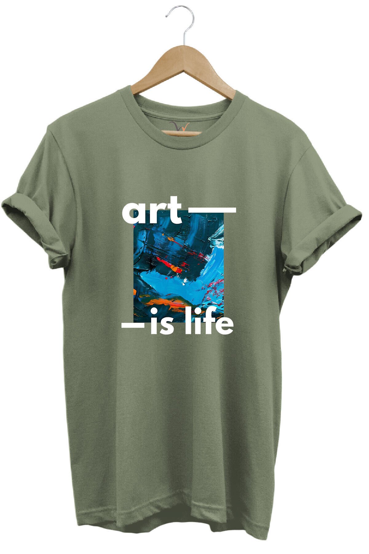 Sanatsal Renkli Tasarım Baskılı Art is Life Yazılı %100 Pamuk Regular Fit Unisex T-Shirt Haki - S