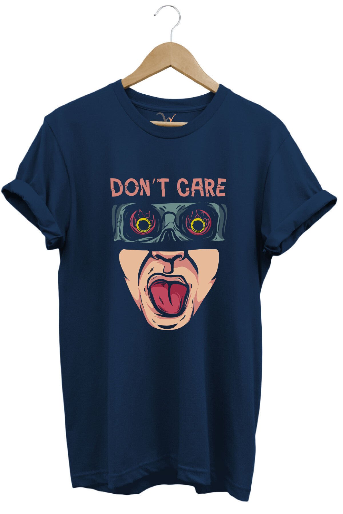Unisex Don't Care Yazı Baskılı Şık Tasarımlı %100 Pamuk Bisiklet Yaka Lacivert T-shirt Lacivert - S