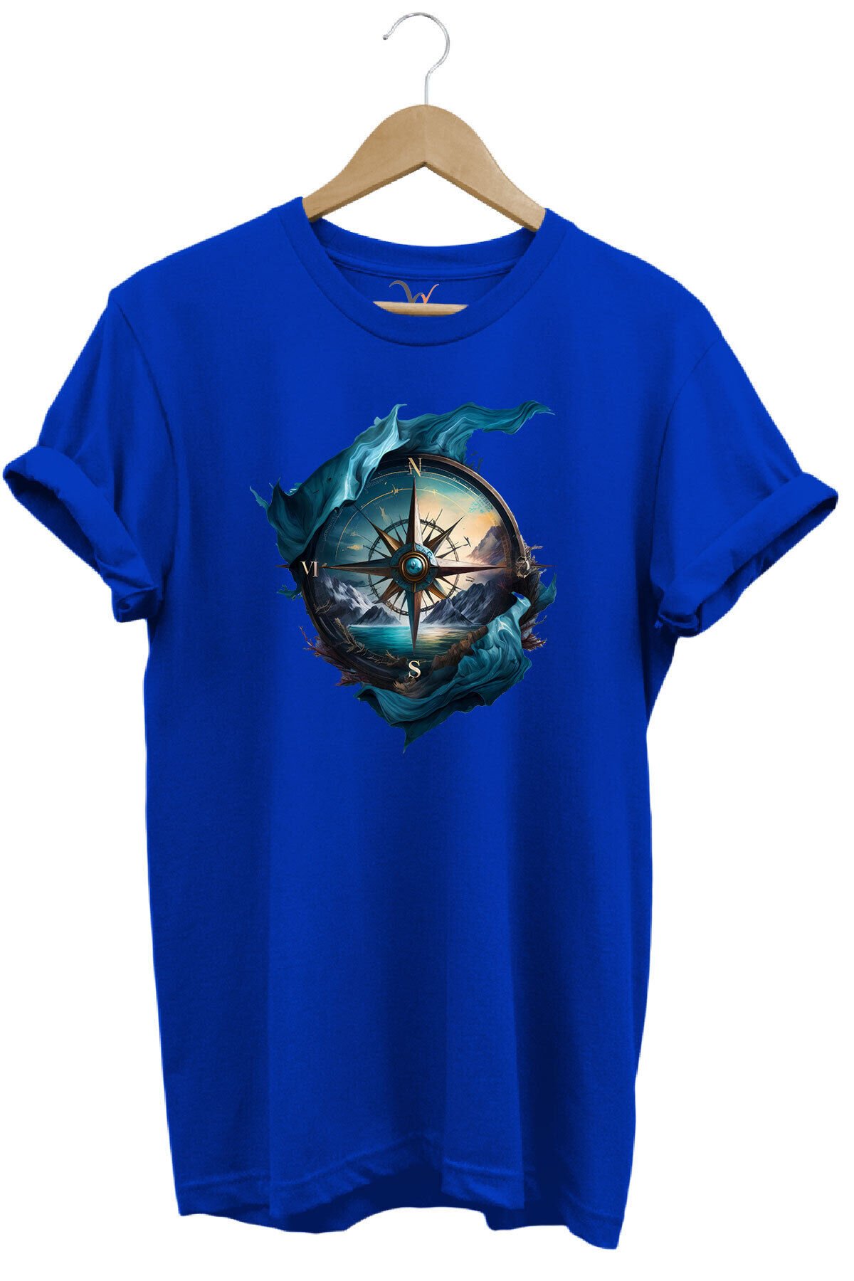 Renkli Manzara Ve Pusula Baskılı %100 Pamuk Regular Fit Lacivert T-shirt Mavi - XL