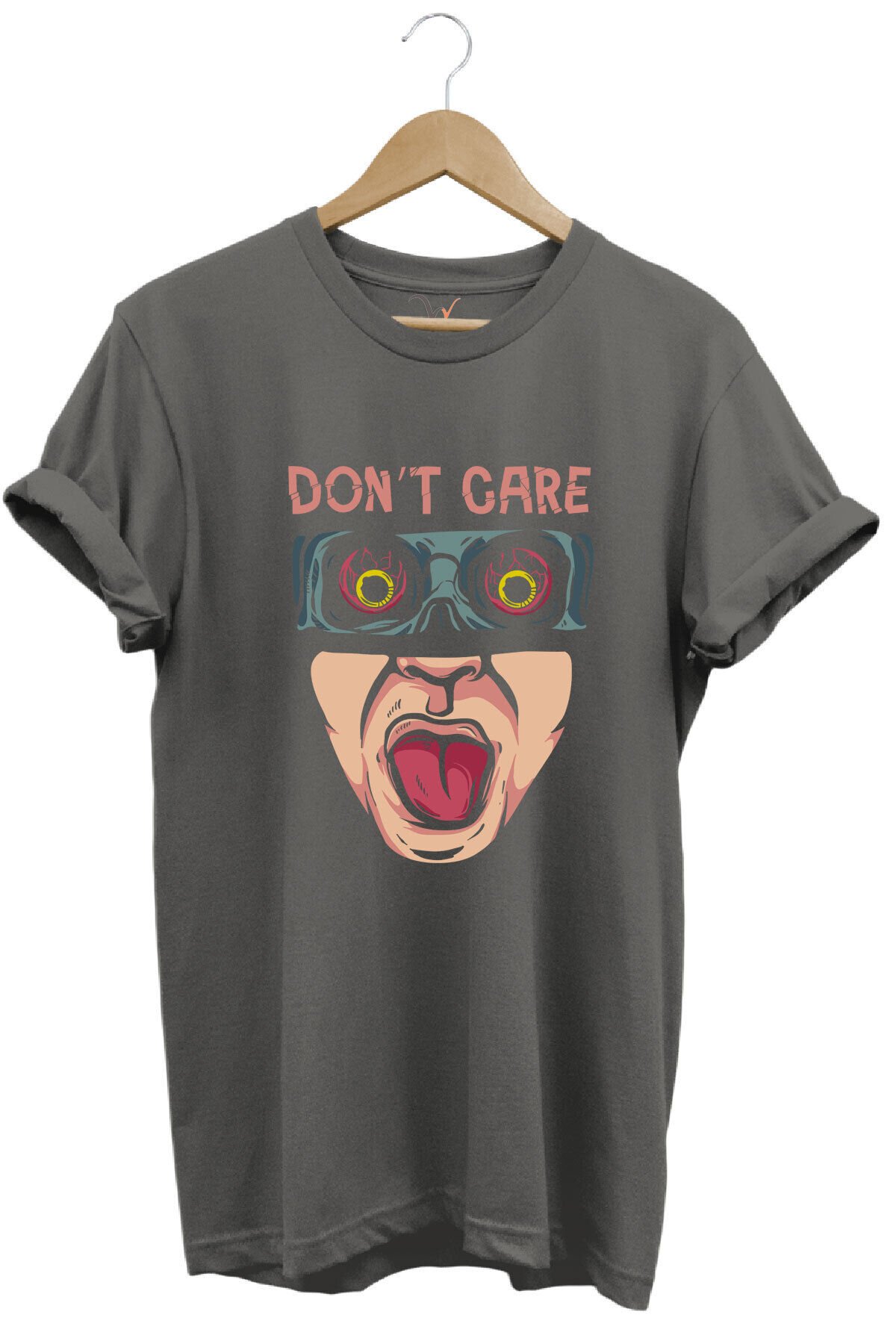 Unisex Don't Care Yazı Baskılı Şık Tasarımlı %100 Pamuk Bisiklet Yaka Lacivert T-shirt Gri - XL