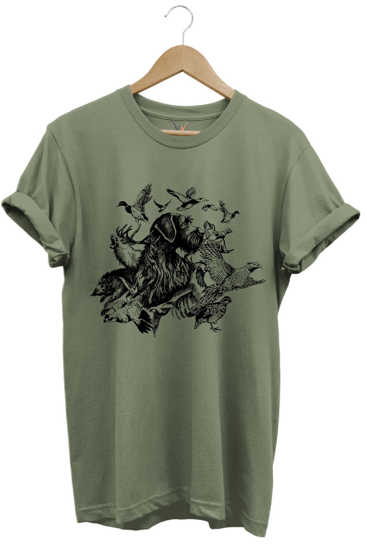 Avcılık Hunter Drahthaar Av Köpeği ve Keklik Ördek Çulluk Baskılı Regular Fit %100 Pamuk T-Shirt Haki Yeşil - L