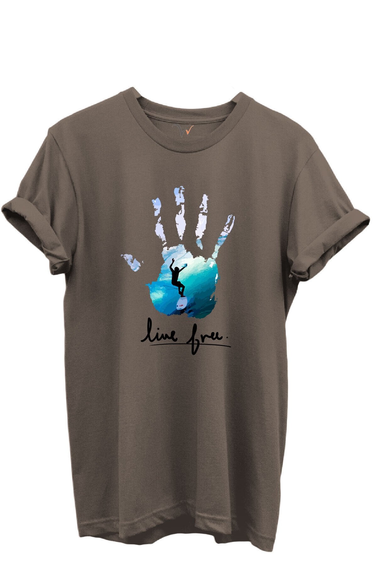 Live Free Yazılı Sörfçü ve El Baskılı %100 Pamuk Regular Fit Unisex T-Shirt Kahverengi - M