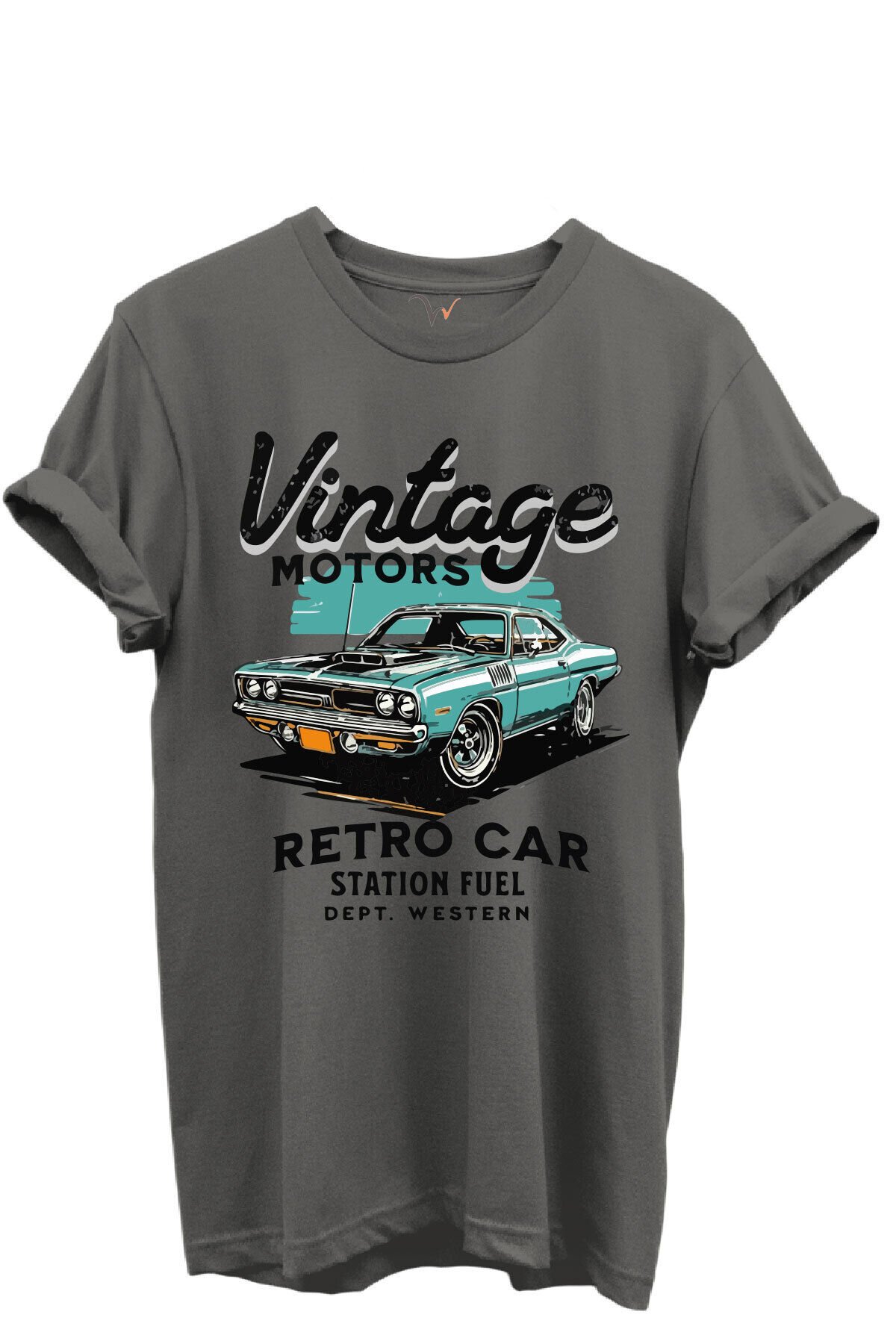 Vintage Motors Yazılı Retro Araba Baskılı %100 Pamuk Regular Fit Unisex T-Shirt Gri - L
