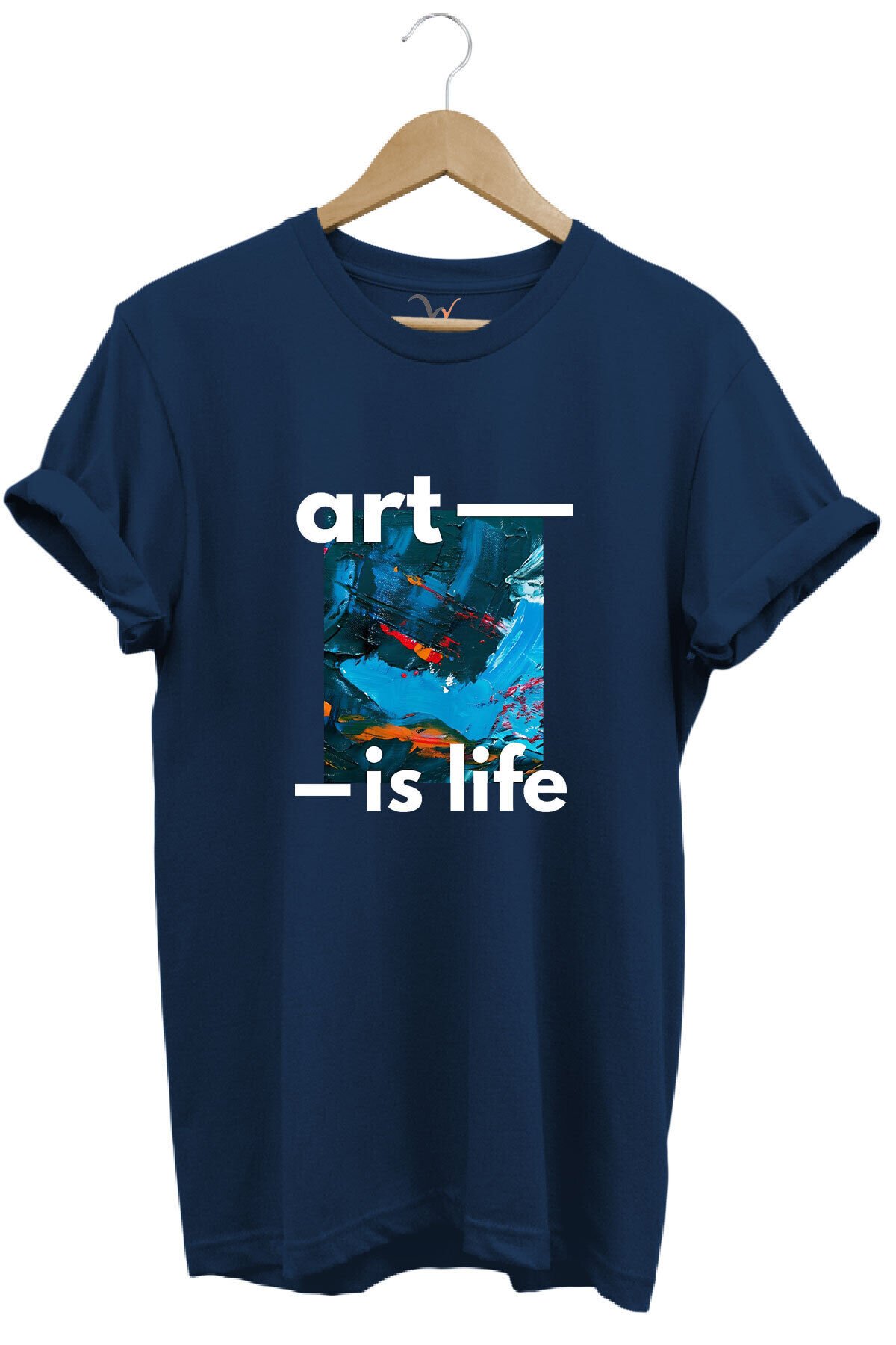 Sanatsal Renkli Tasarım Baskılı Art is Life Yazılı %100 Pamuk Regular Fit Unisex T-Shirt Lacivert - L
