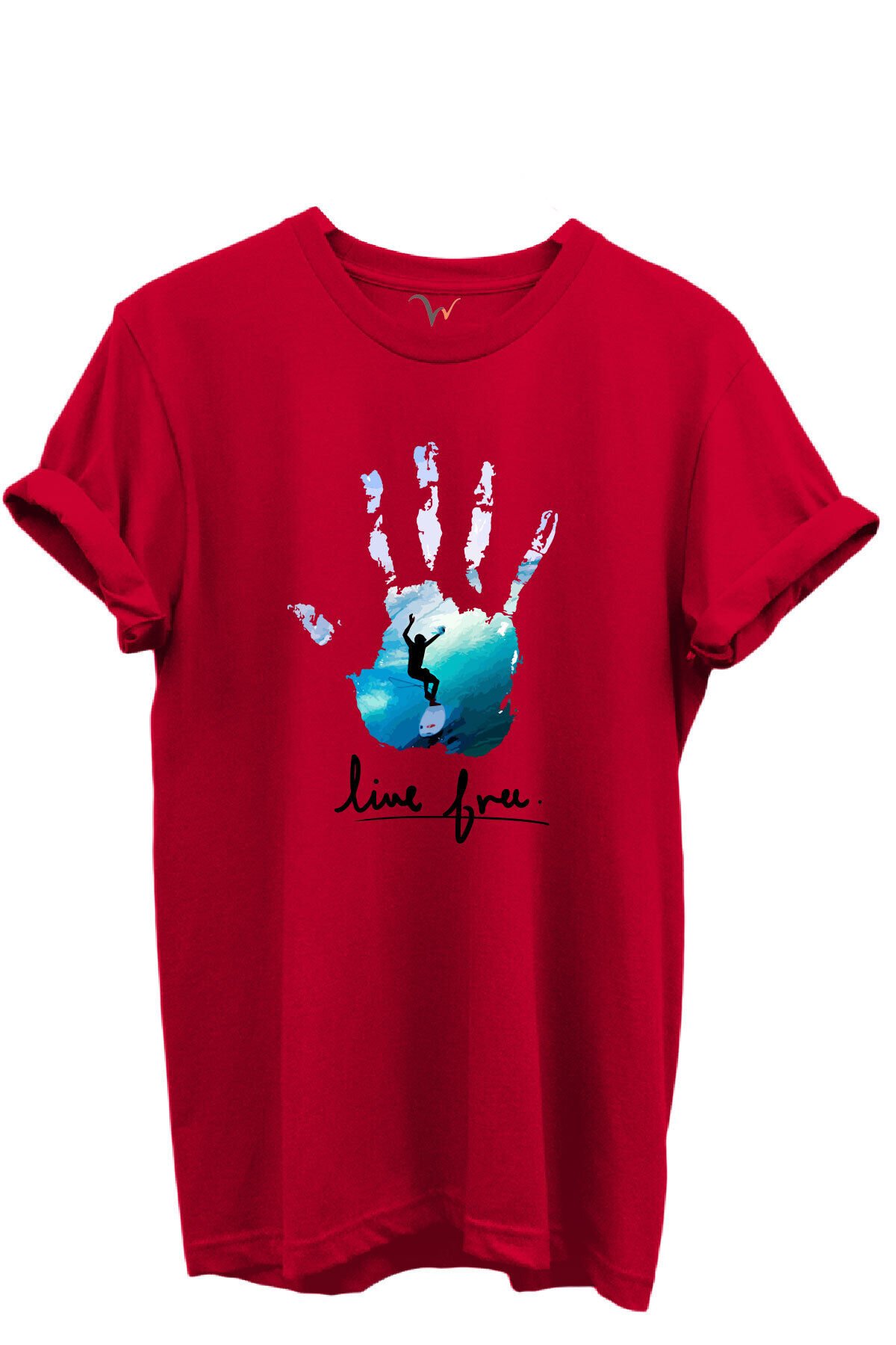 Live Free Yazılı Sörfçü ve El Baskılı %100 Pamuk Regular Fit Unisex T-Shirt Kırmızı - M