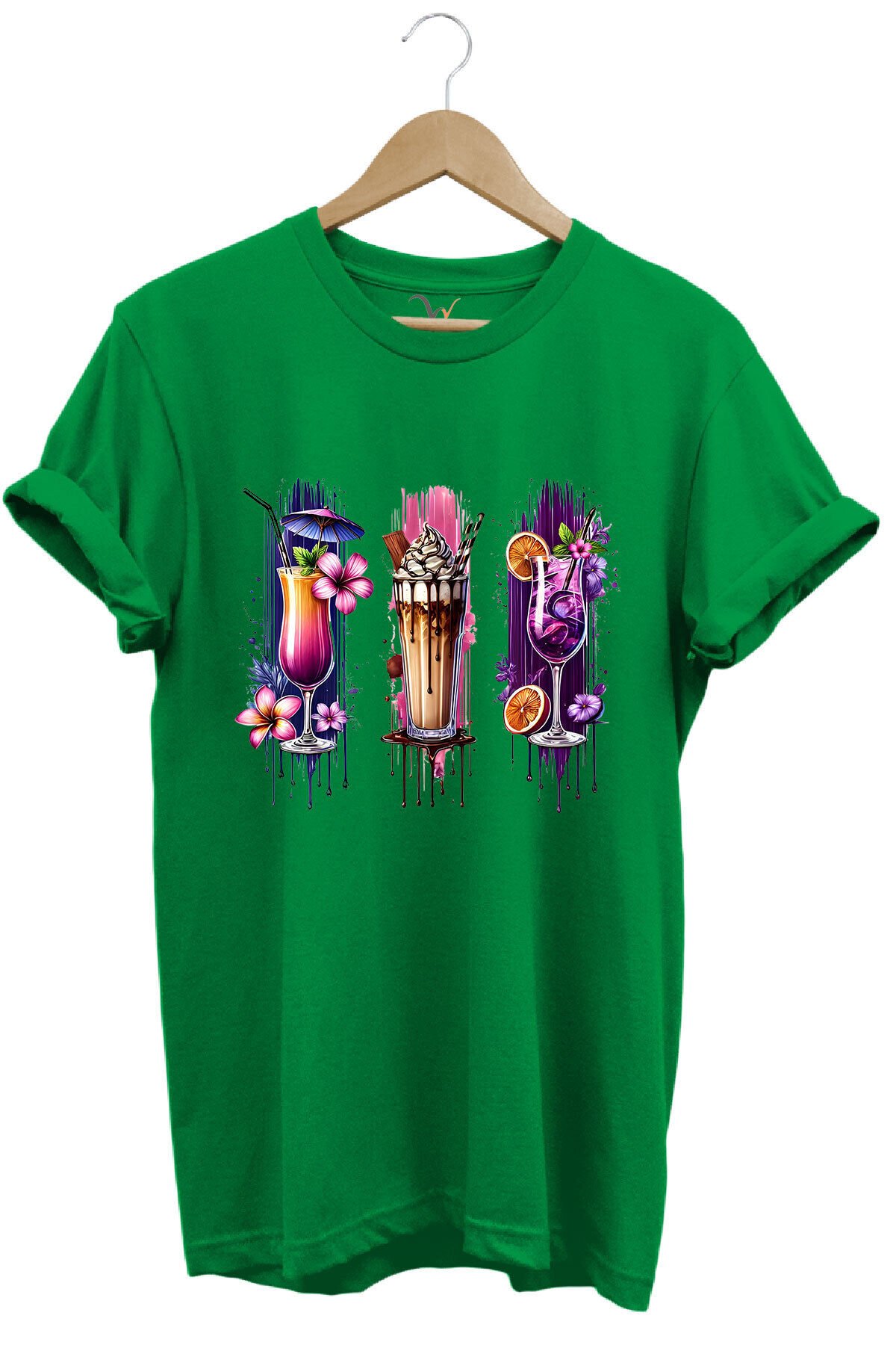 Milkshake ve Kokteyl Temalı Renkli Yaz Baskılı %100 Pamuk Unisex Regular Fit T-Shirt Yeşil - 3XL