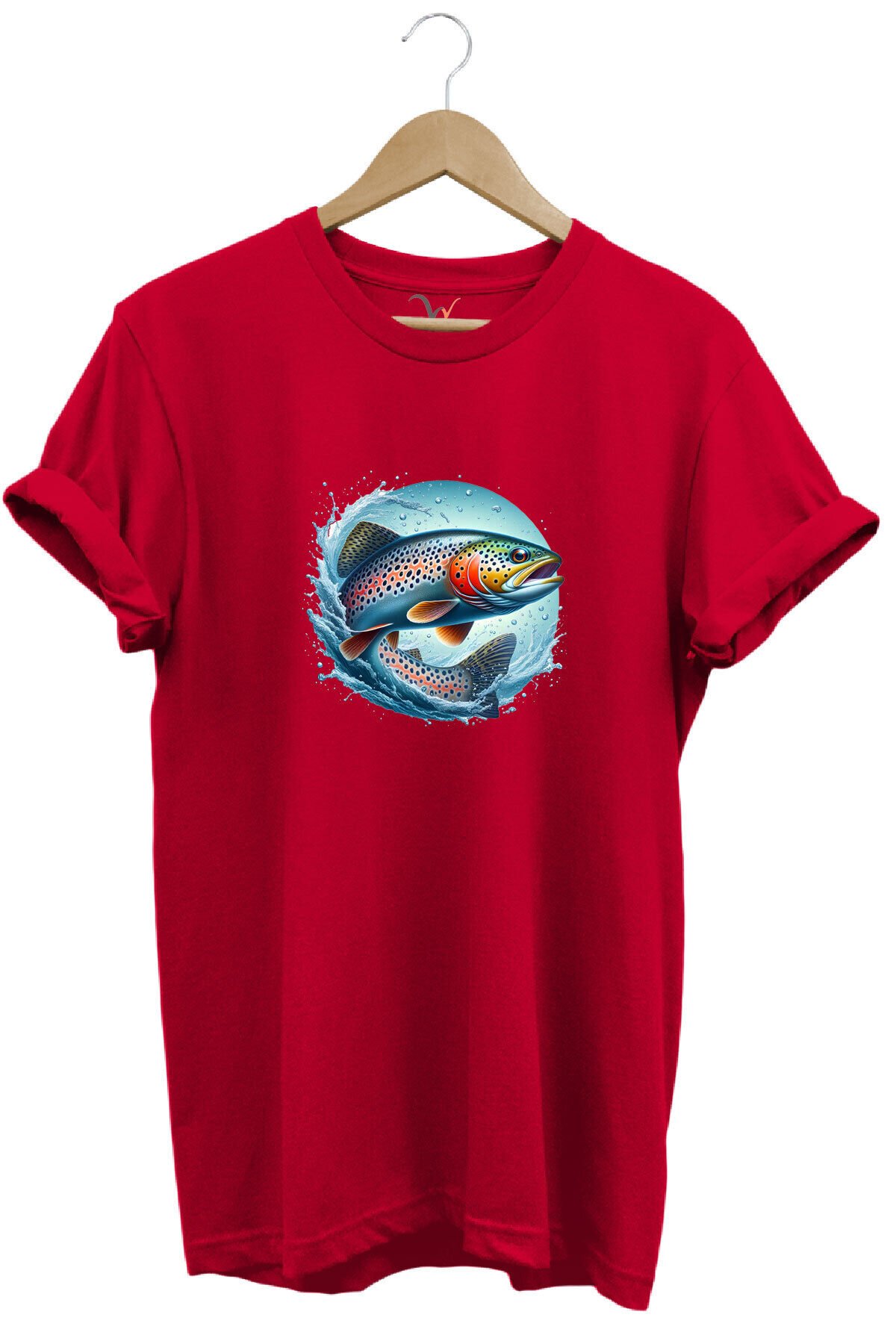 Alabalık Baskılı Balıkçılık %100 Pamuk Regular Fit Bisiklet Yaka Kırmızı T-shirt Kırmızı - L