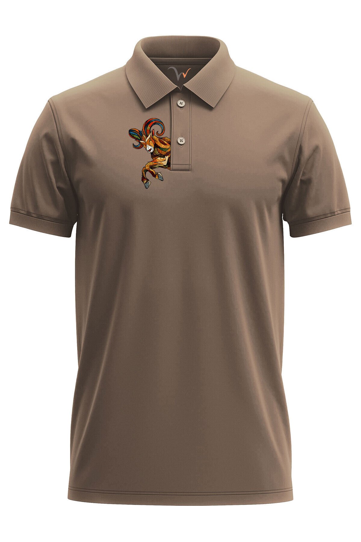 Outdoor Stil Dağ Keçisi Göğüs Baskılı Regular Fit %100 Pamuk Polo Yaka T-Shirt Kahverengi - 2XL