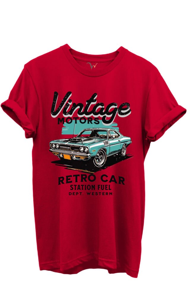 Vintage Motors Yazılı Retro Araba Baskılı %100 Pamuk Regular Fit Unisex T-Shirt Kırmızı - 2XL
