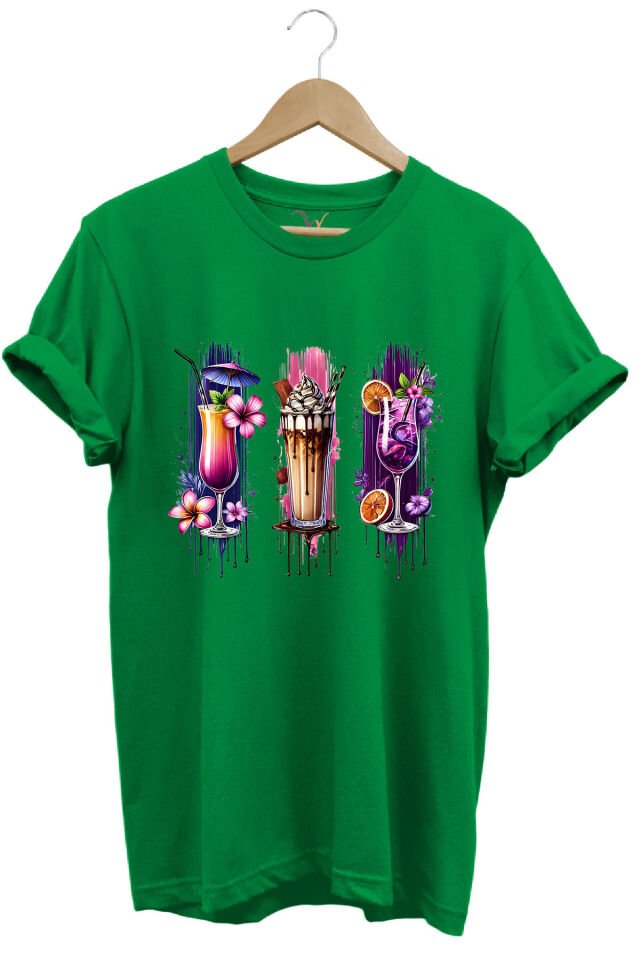 Milkshake ve Kokteyl Temalı Renkli Yaz Baskılı %100 Pamuk Unisex Regular Fit T-Shirt Yeşil - XL