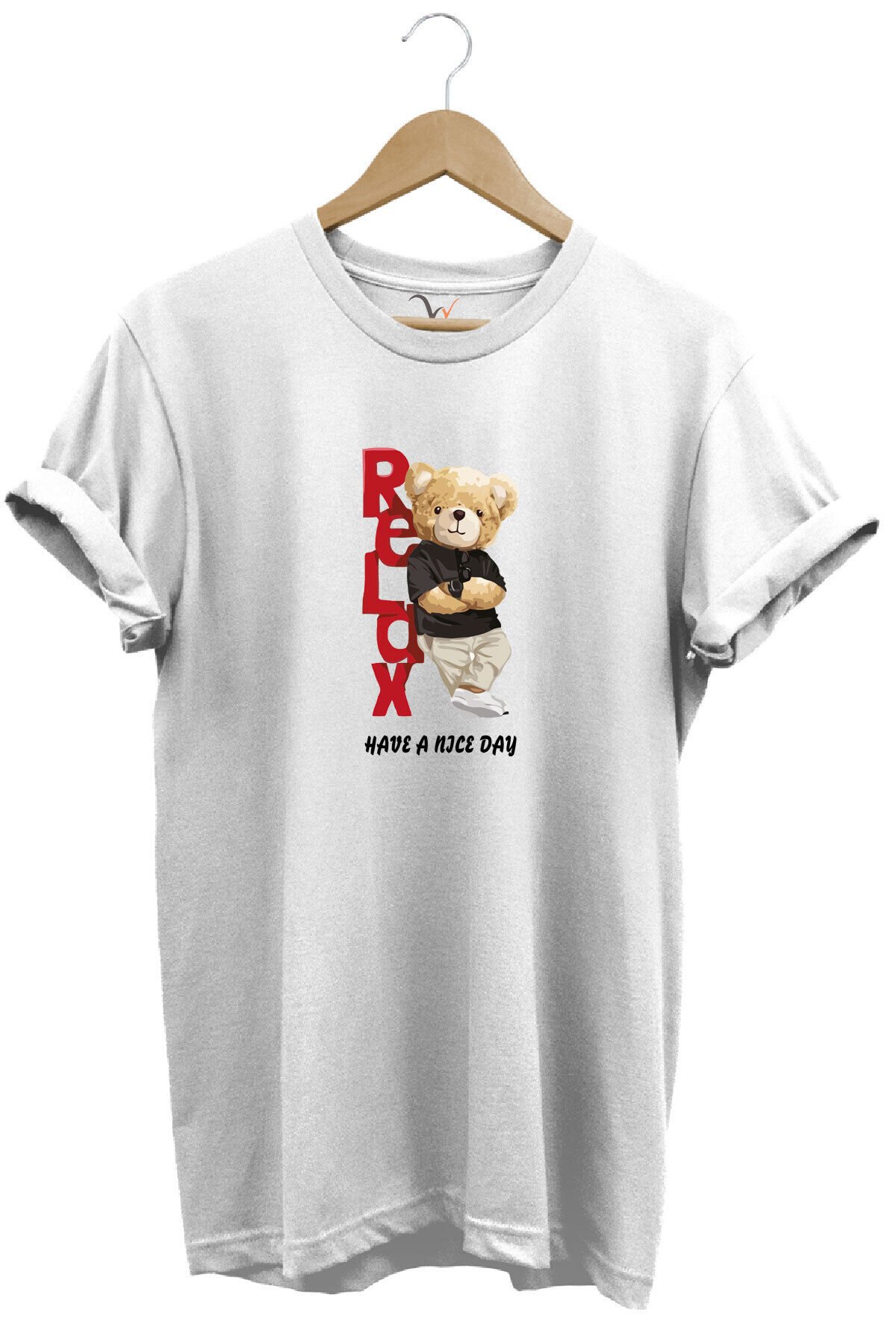 Sevimli Ayıcık Relax Ayı Tasarım Şık Baskılı %100 Pamuk Regular Fit Bisiklet Yaka Beyaz T-shirt Beyaz - 3XL