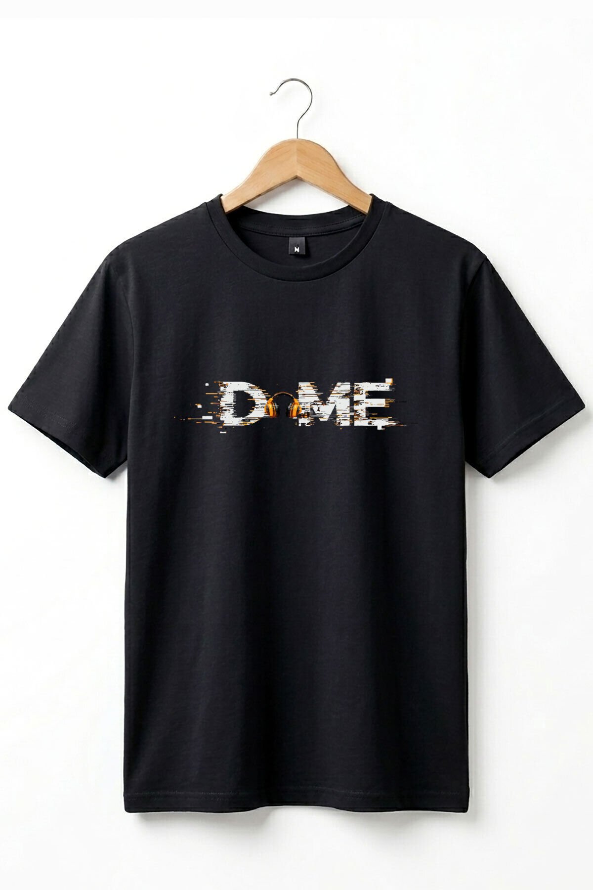 Unisex Müzik Temalı DOME Yazılı Kulaklık Figürlü Glitch Tasarım Sokak Stili %100 Pamuk Basic T-Shirt Siyah - 2XL