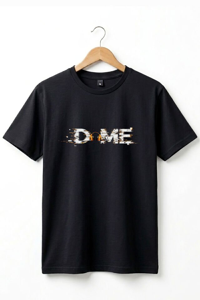Unisex Müzik Temalı DOME Yazılı Kulaklık Figürlü Glitch Tasarım Sokak Stili %100 Pamuk Basic T-Shirt Siyah - 2XL