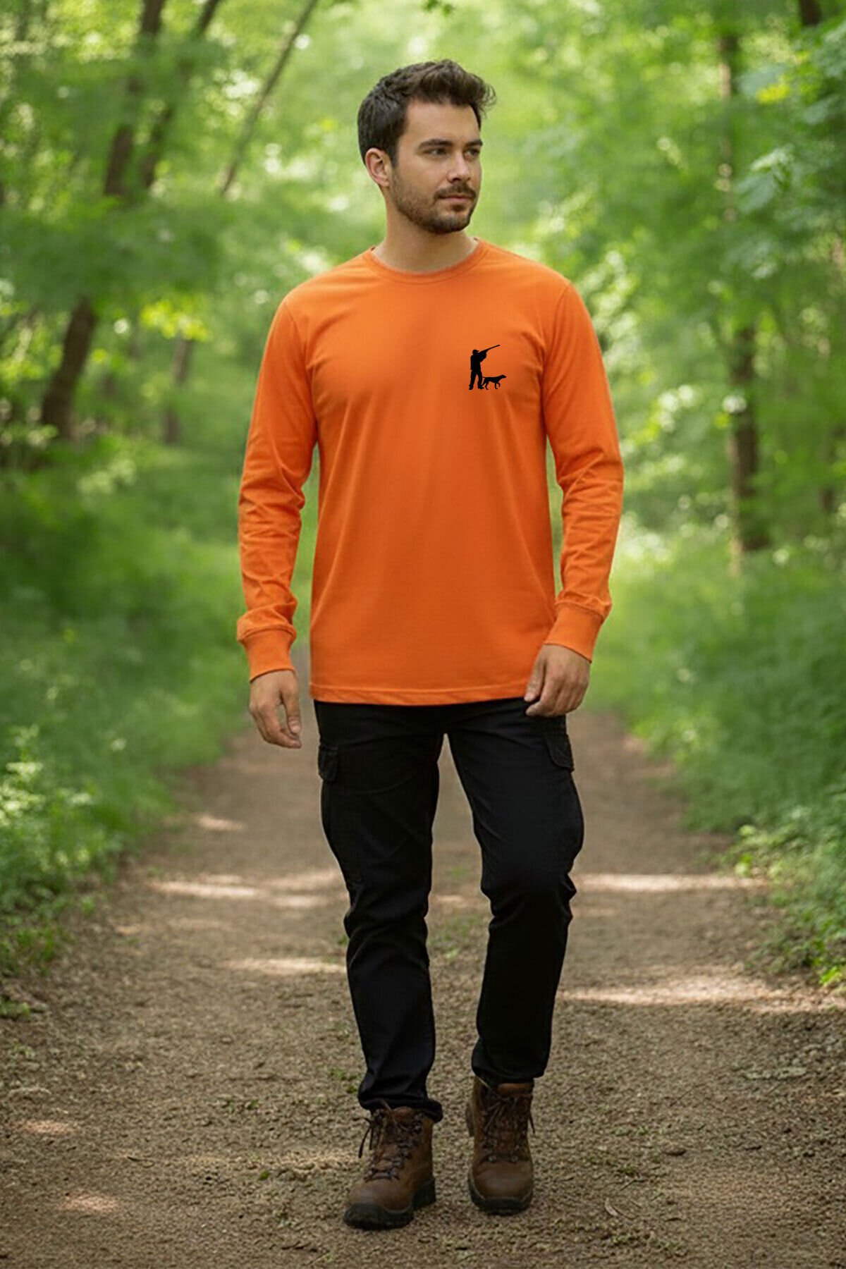 Avcılık Hunter Avcı Ve Av Köpeği Tasarım Baskılı Turuncu Bisiklet Yaka Uzun Kollu T-Shirt