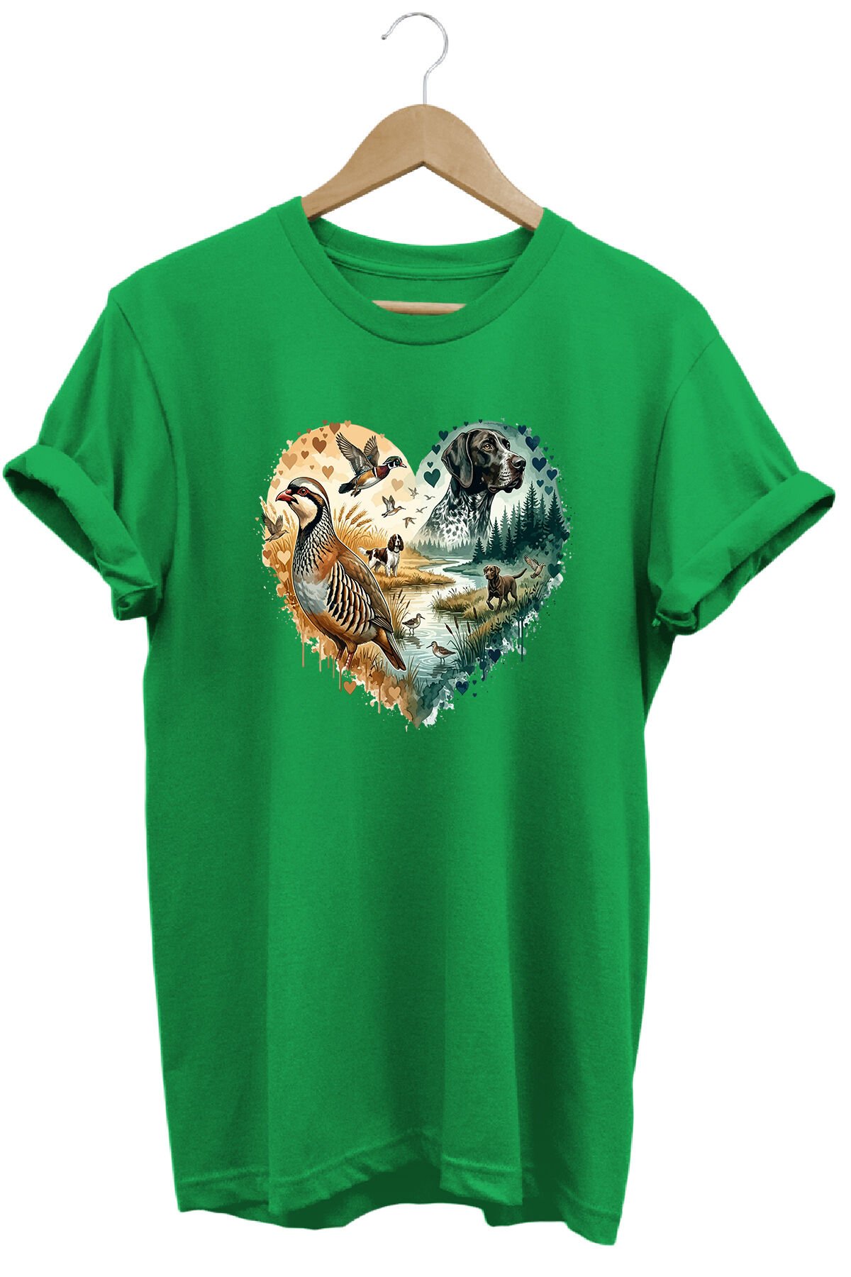 Unisex Çulluk ve Arazi Köpeği Baskılı Doğa Tişörtü Outdoor Kamp Giyimi Yeşil - M