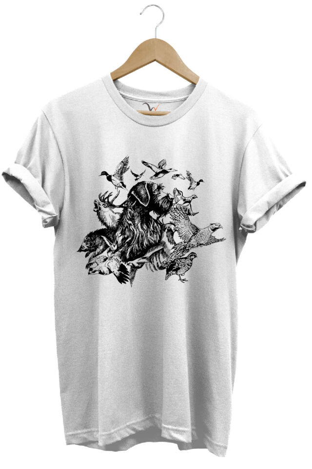 Avcılık Hunter Drahthaar Av Köpeği ve Keklik Ördek Çulluk Baskılı Regular Fit %100 Pamuk T-Shirt Beyaz - 7-8 Yaş